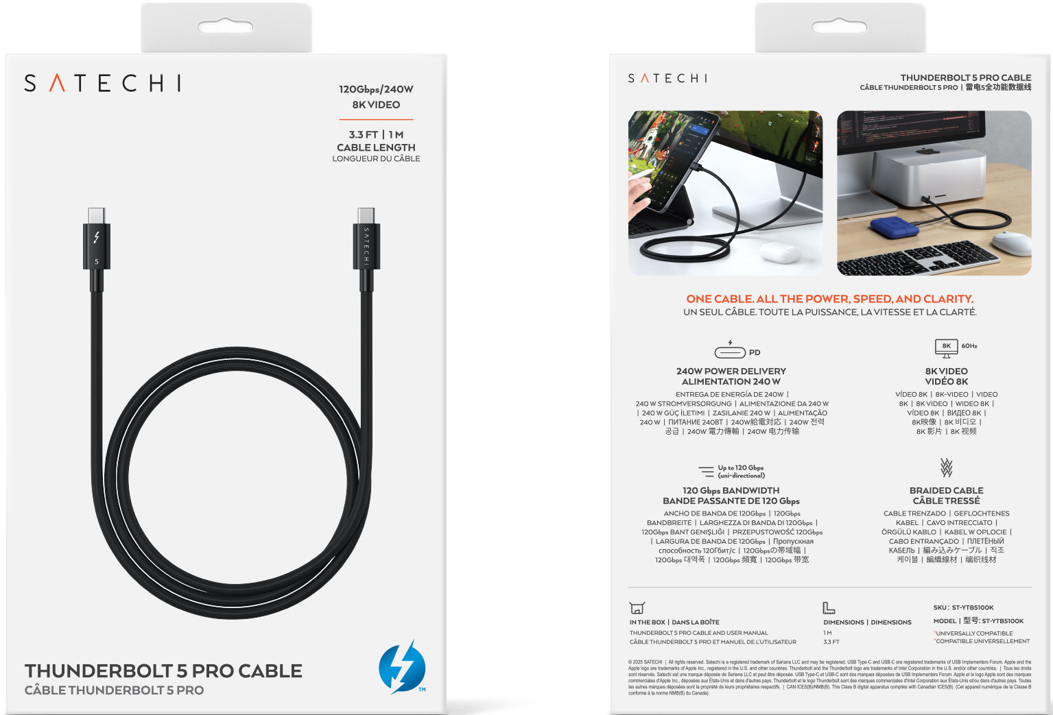 Câble Satechi Thunderbolt 5 Pro : 120Gbps, 240W PD, Vidéo 8K, 3,3 pi/1m.