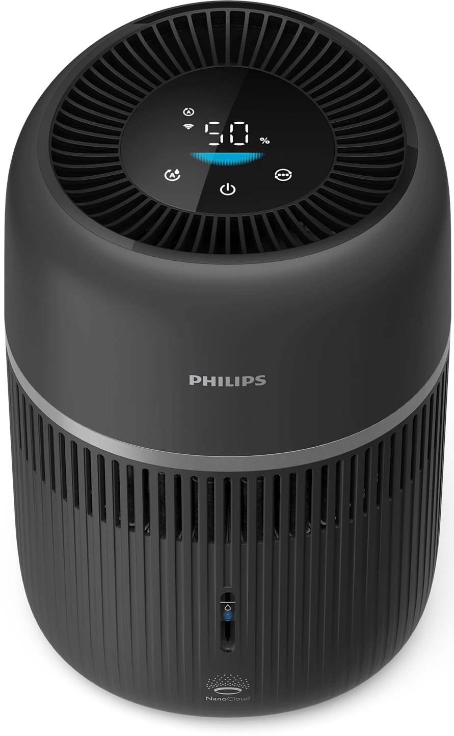 Purificatore d'aria Philips nero con display digitale e fessure di ventilazione.