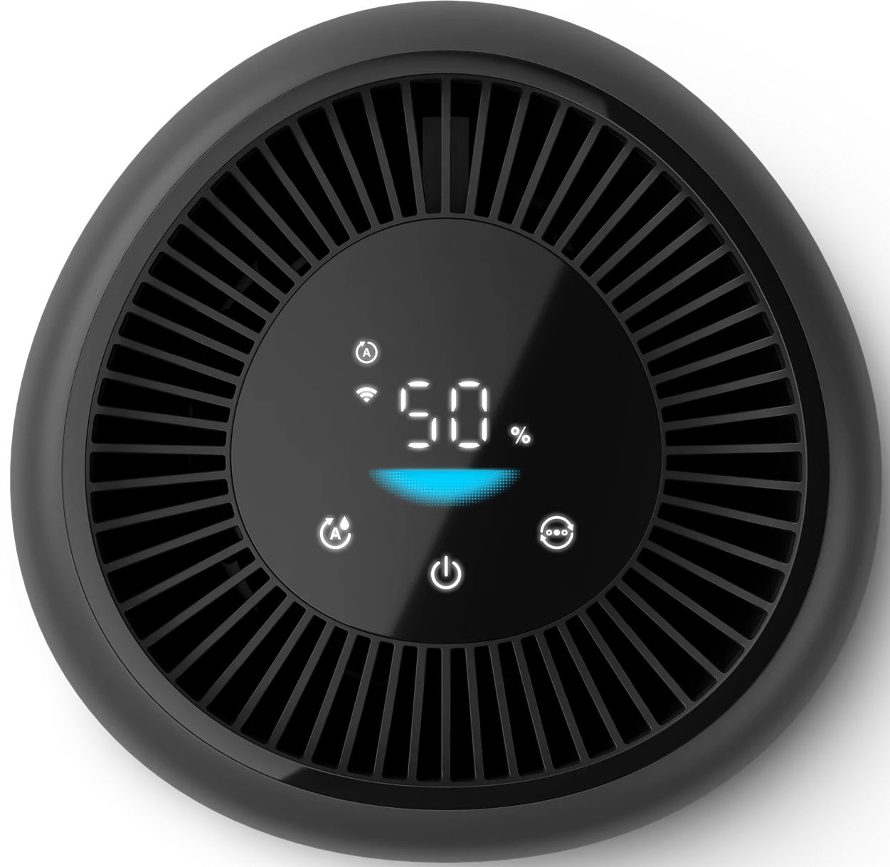 Purificatore d'aria nero con display digitale del 50% e icone.