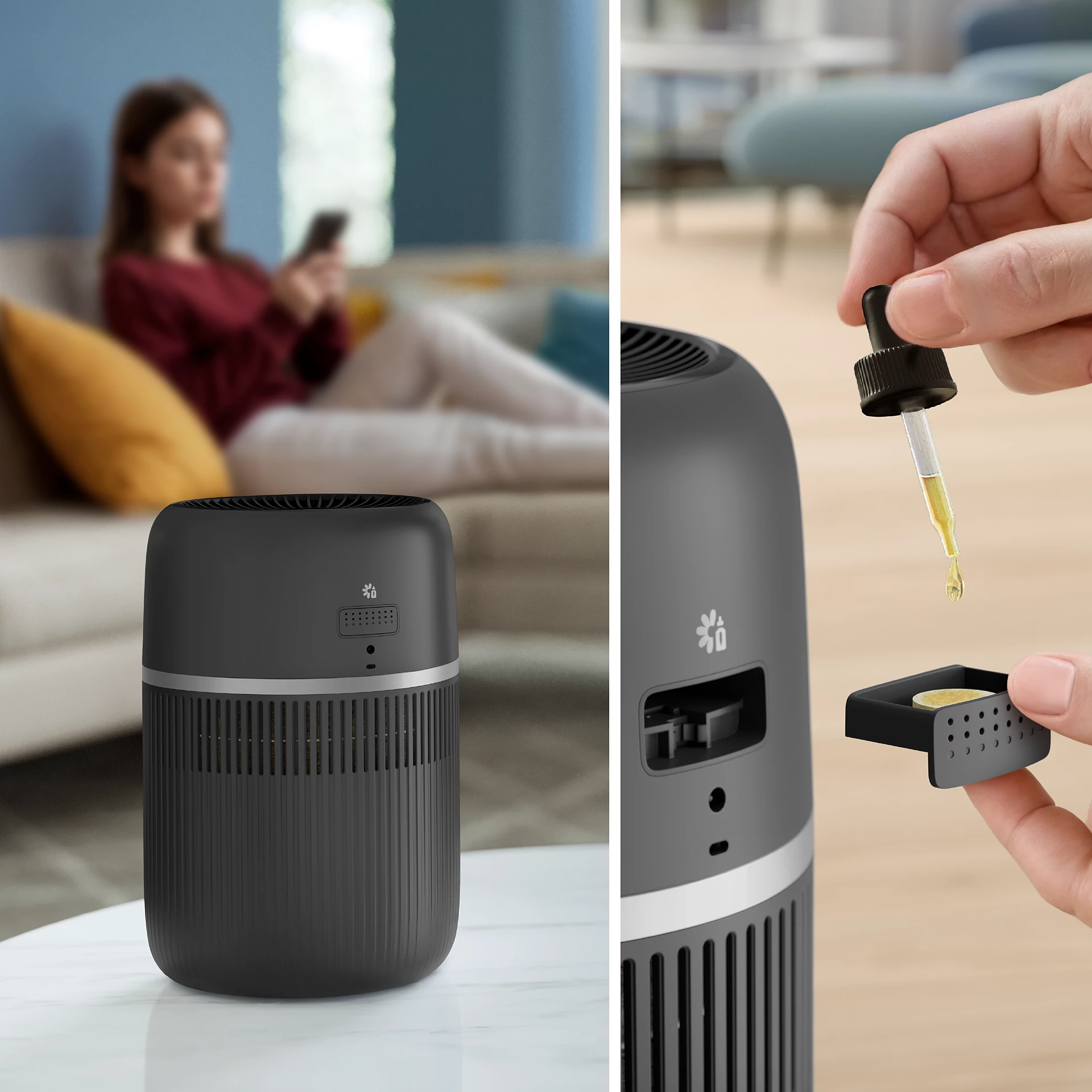 Un diffusore eroga olio mentre una donna usa un telefono sullo sfondo.