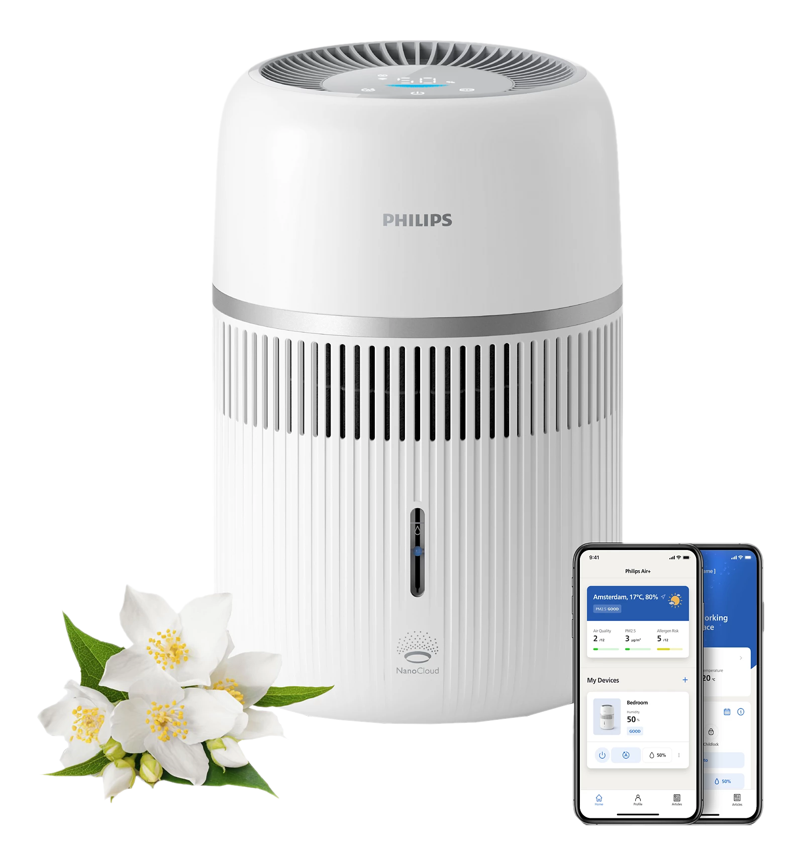 Un purificateur d'air Philips blanc avec des fleurs et des téléphones affichant une application.