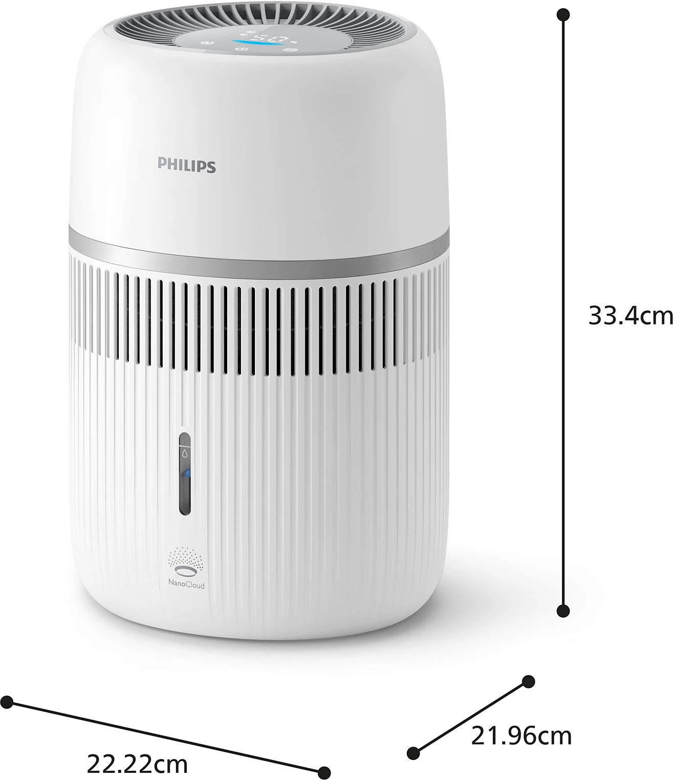Un purificateur d'air Philips blanc avec écran numérique et aérations. Dimensions indiquées.
