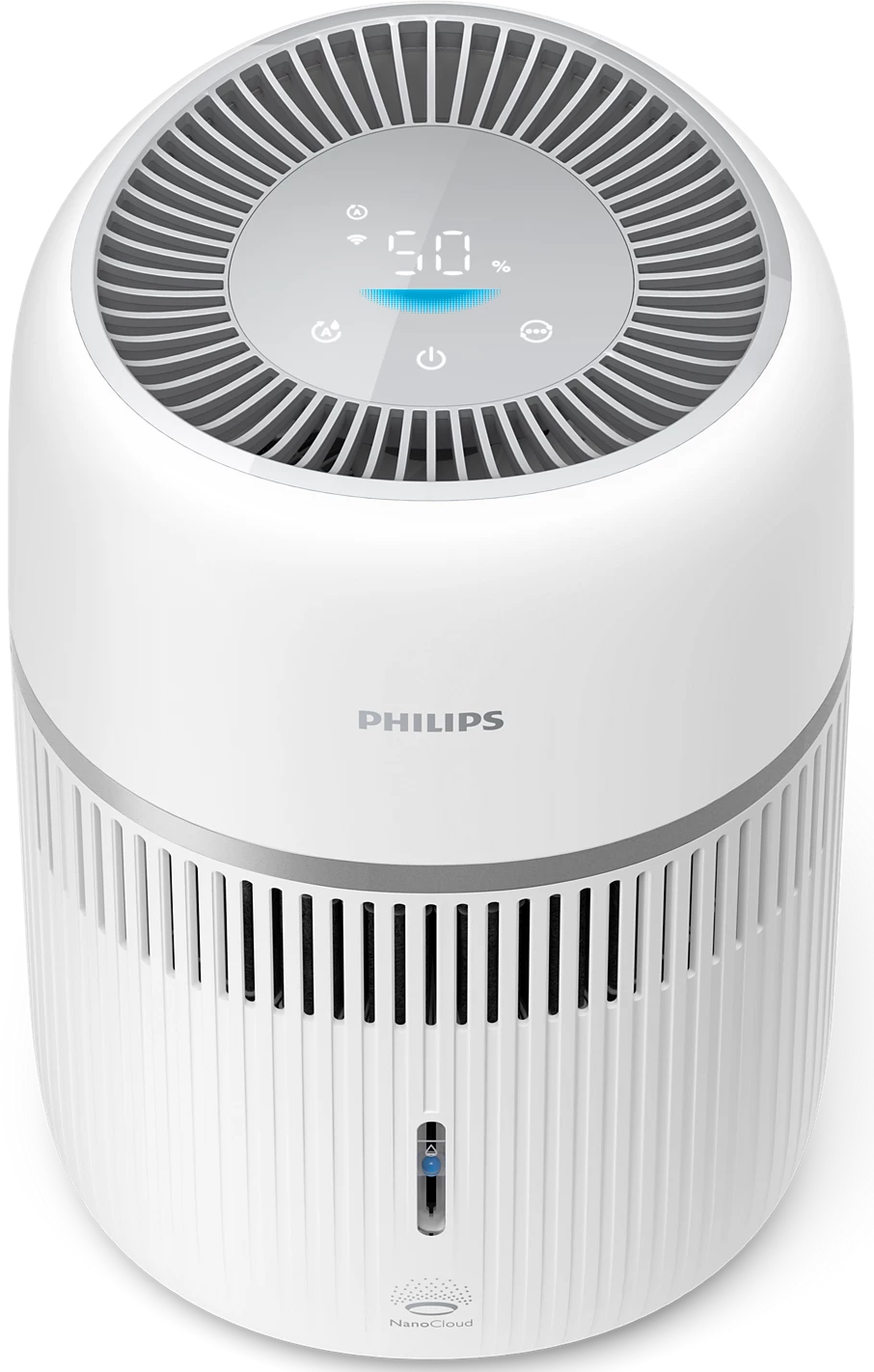 Un purificateur d'air Philips blanc avec un écran numérique et des fentes d'aération.
