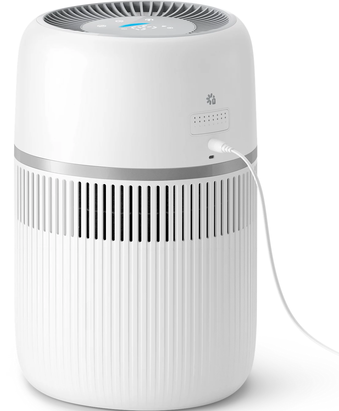 Un purificateur d'air blanc avec écran LED bleu et câble attaché.