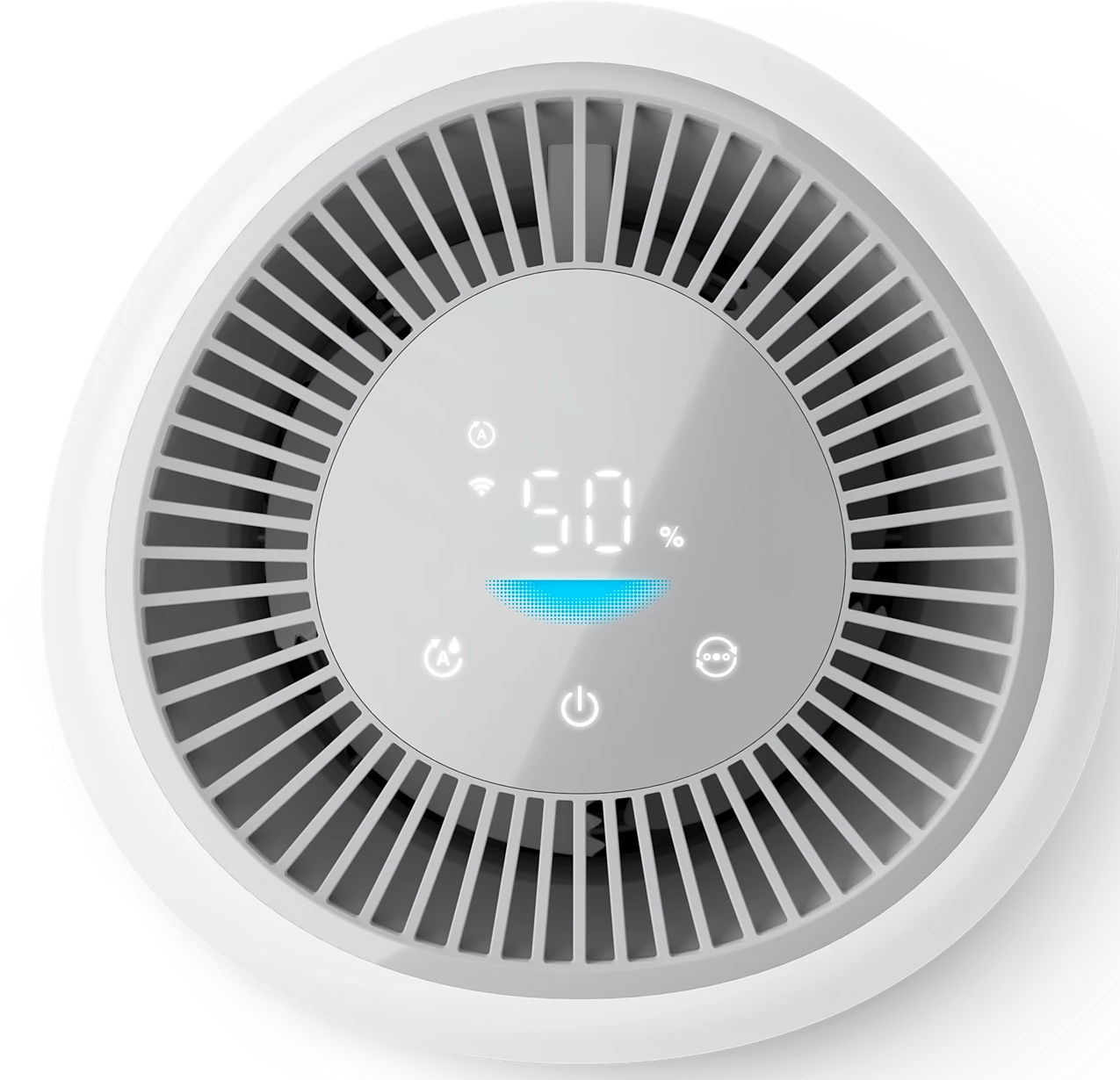 Un purificateur d'air blanc affichant 50% d'humidité sur son écran numérique.