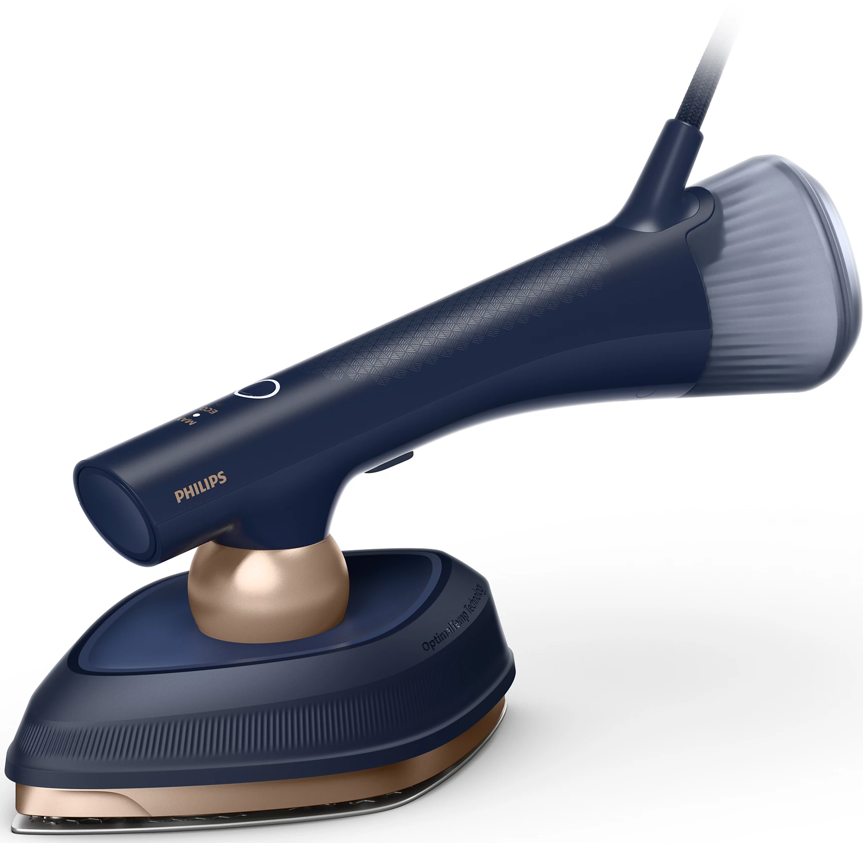 Una base per ferro da stiro a vapore Philips blu scuro con accenti bronzei.