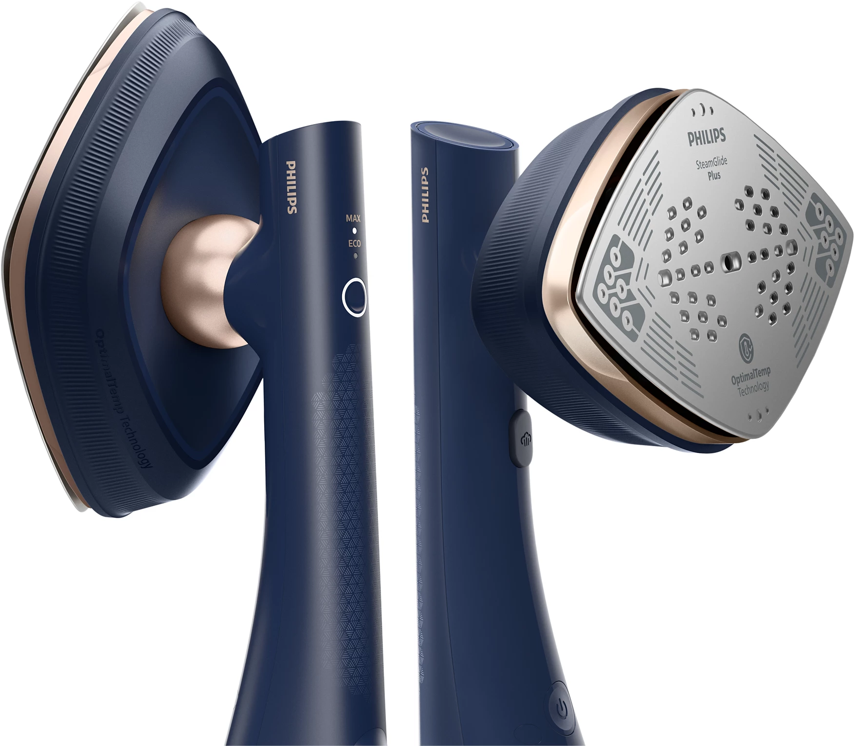 Tre viste di un ferro da stiro a vapore Philips blu scuro con accenti color rame.