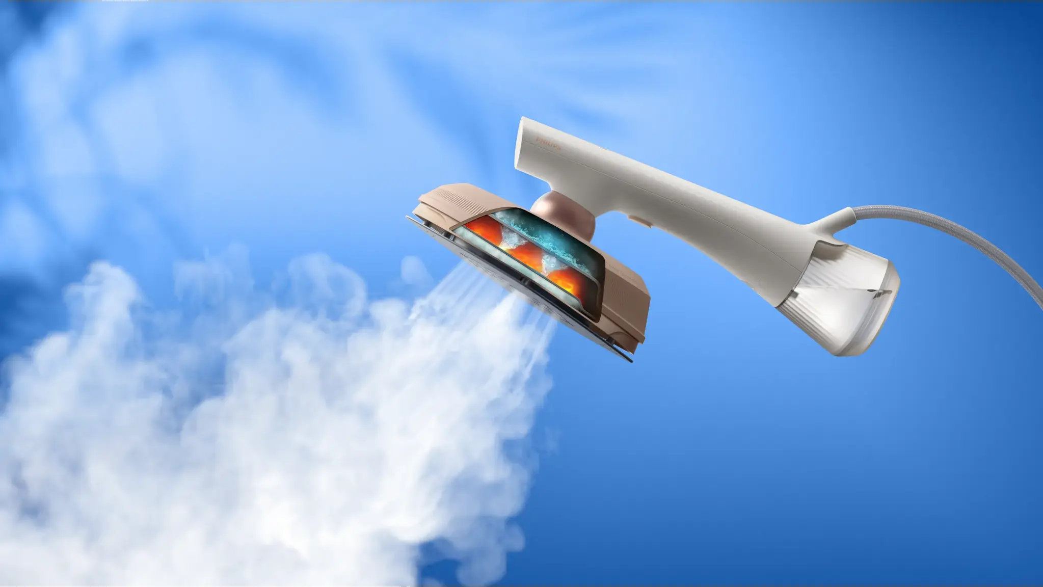 Un vaporizzatore per abiti sezionato, emette vapore su cielo blu.