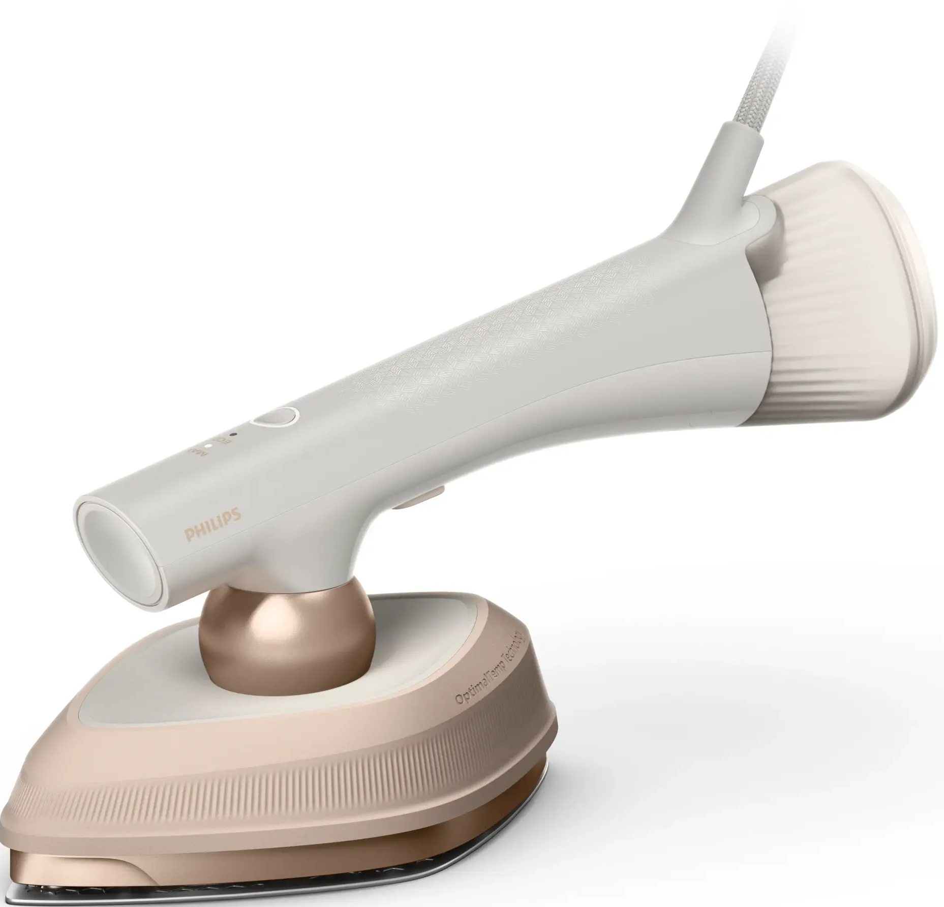 Un ferro da stiro a vapore Philips beige con accenti dorati su sfondo bianco.