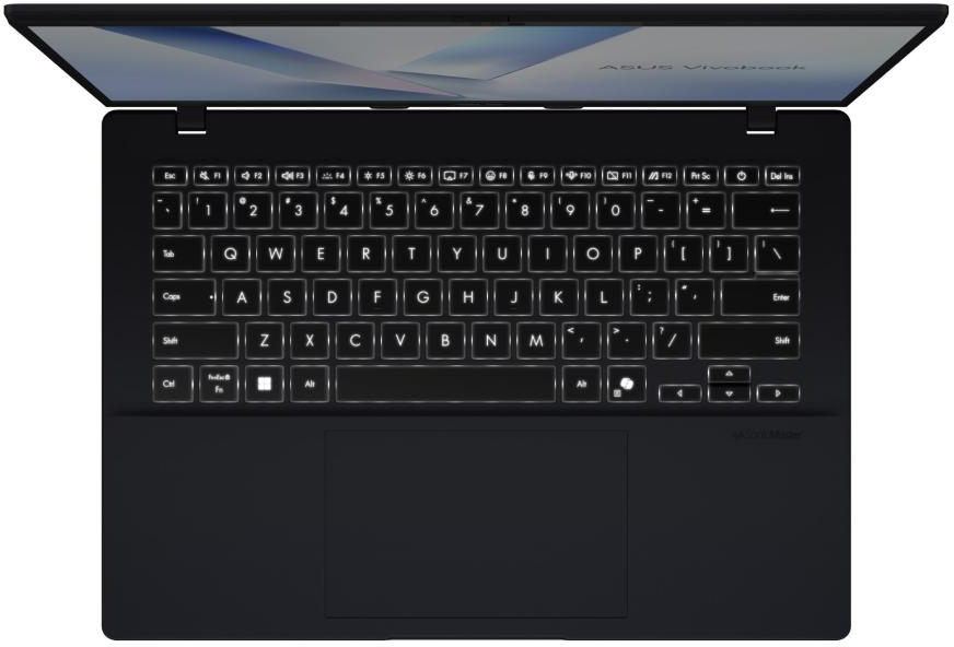 Egy nyitott fekete laptop világító billentyűzettel és érintőpaddal.