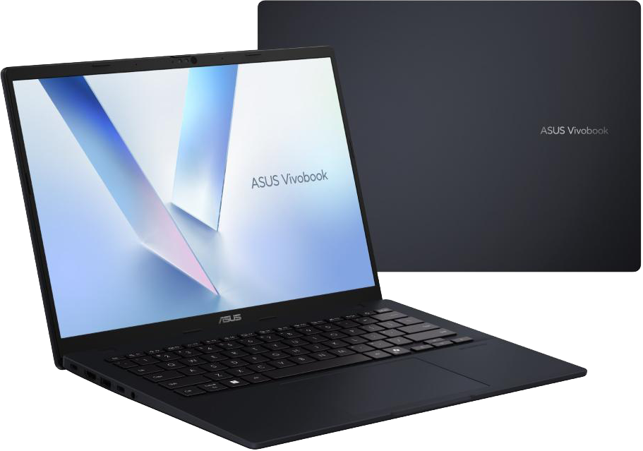 Sötét laptop világító képernyővel, ASUS Vivobook logóval.