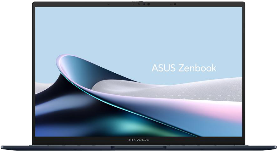 Egy nyitott ASUS Zenbook laptop absztrakt kék és lila háttérrel.