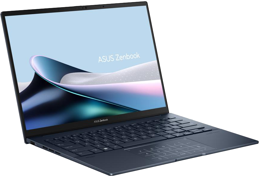 Sötétkék ASUS Zenbook laptop háttérvilágítású billentyűzettel és érintőpaddal.