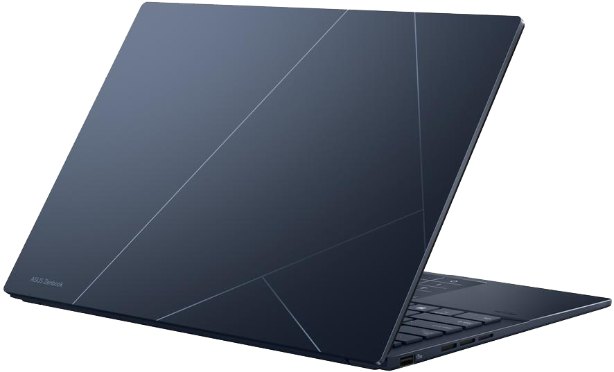Egy sötétkék Asus Zenbook laptop, fedelén geometrikus mintával.
