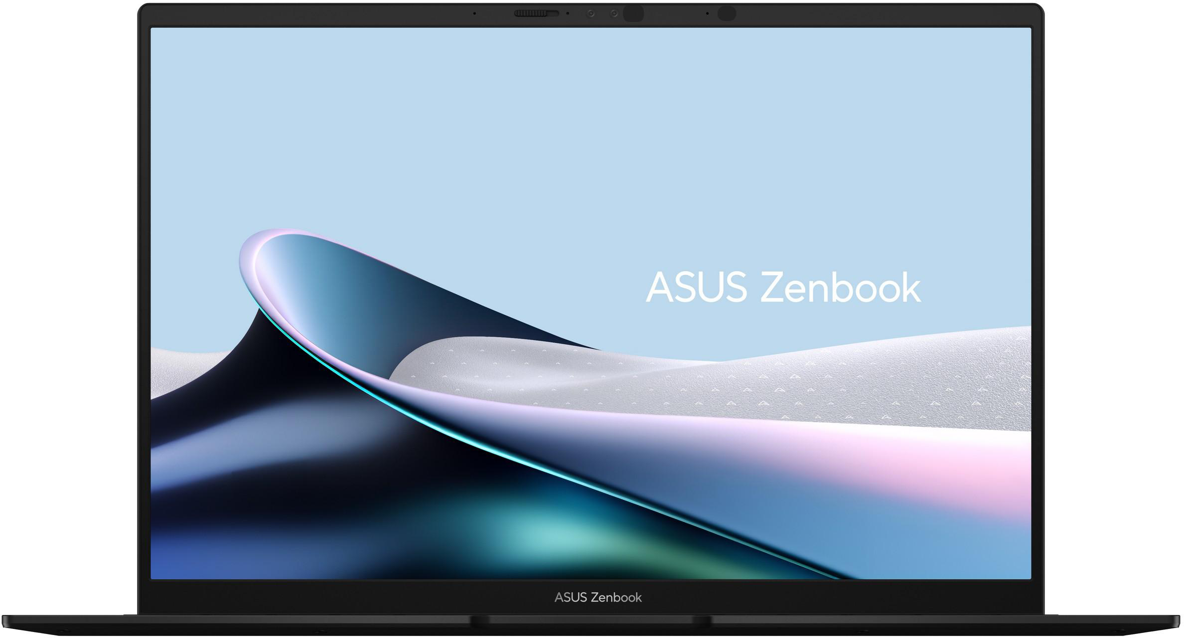 Egy fekete ASUS Zenbook laptop színes, absztrakt háttérképet jelenít meg a képernyőjén.