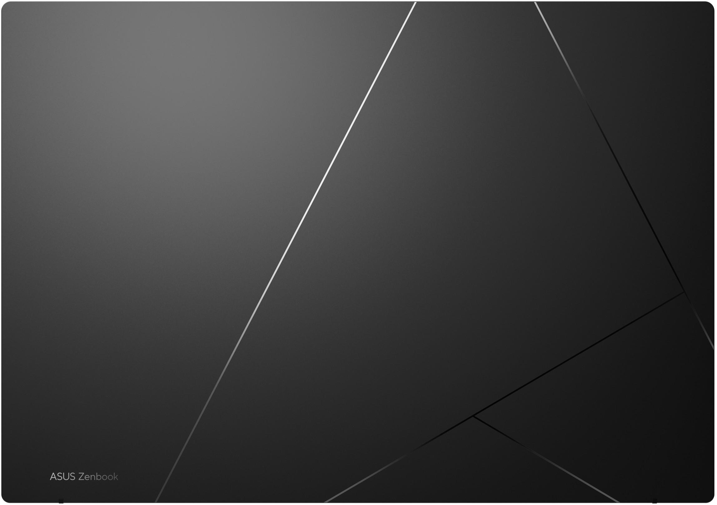 Sötétszürke felület geometriai vonalakkal és ASUS Zenbook logóval.