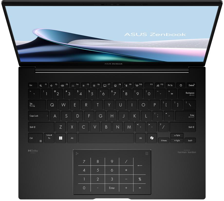 Fekete ASUS Zenbook laptop nyitva, billentyűzetet és absztrakt művészetű képernyőt mutat.
