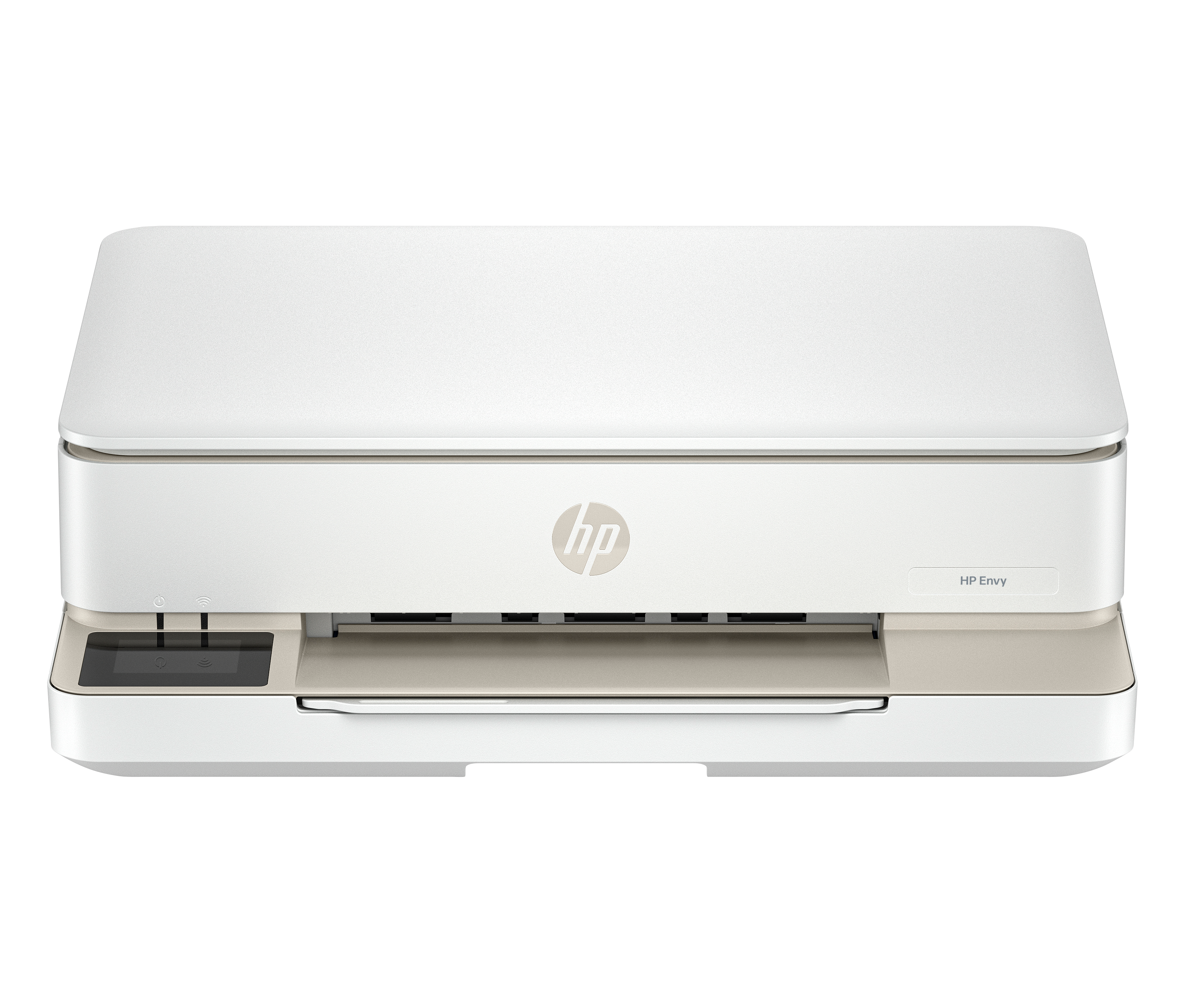 Biała drukarka HP Envy z ekranem dotykowym z przodu.