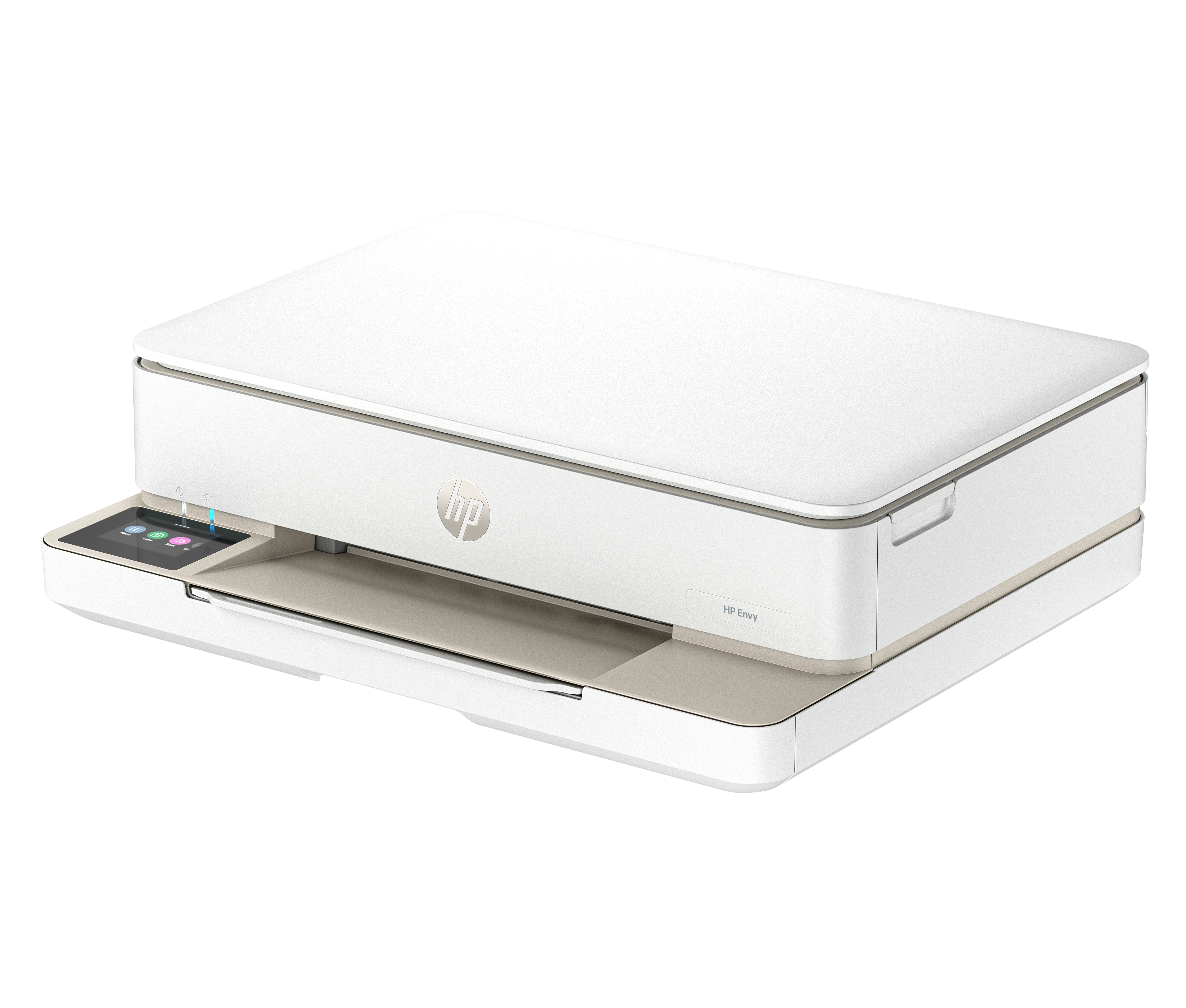 Biała drukarka HP Envy z ekranem dotykowym i logo HP.