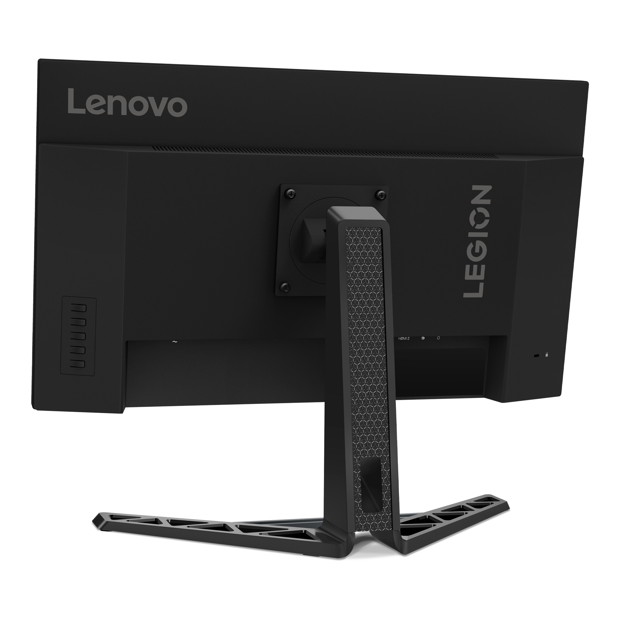 Tył czarnego monitora Lenovo Legion z srebrnym logo i stojakiem.