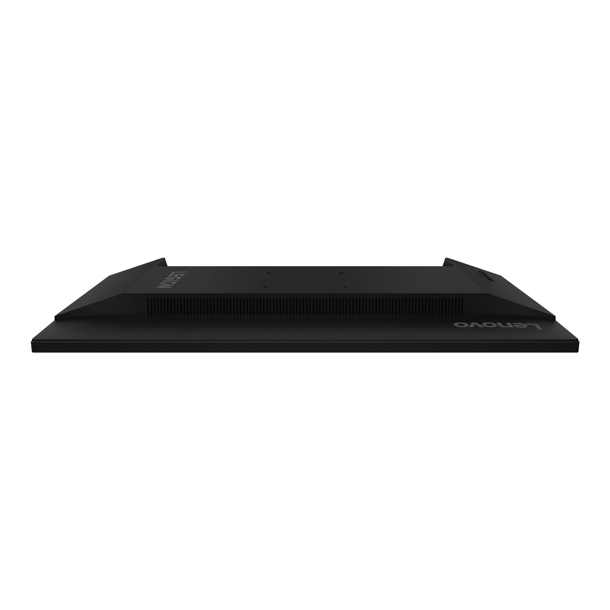 Czarny stojak na monitor z otworami wentylacyjnymi i logo Lenovo.