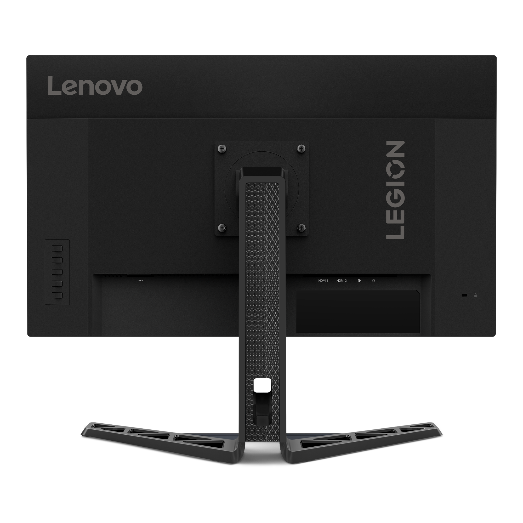 Tył czarnego monitora Lenovo Legion ze stojakiem i portami.