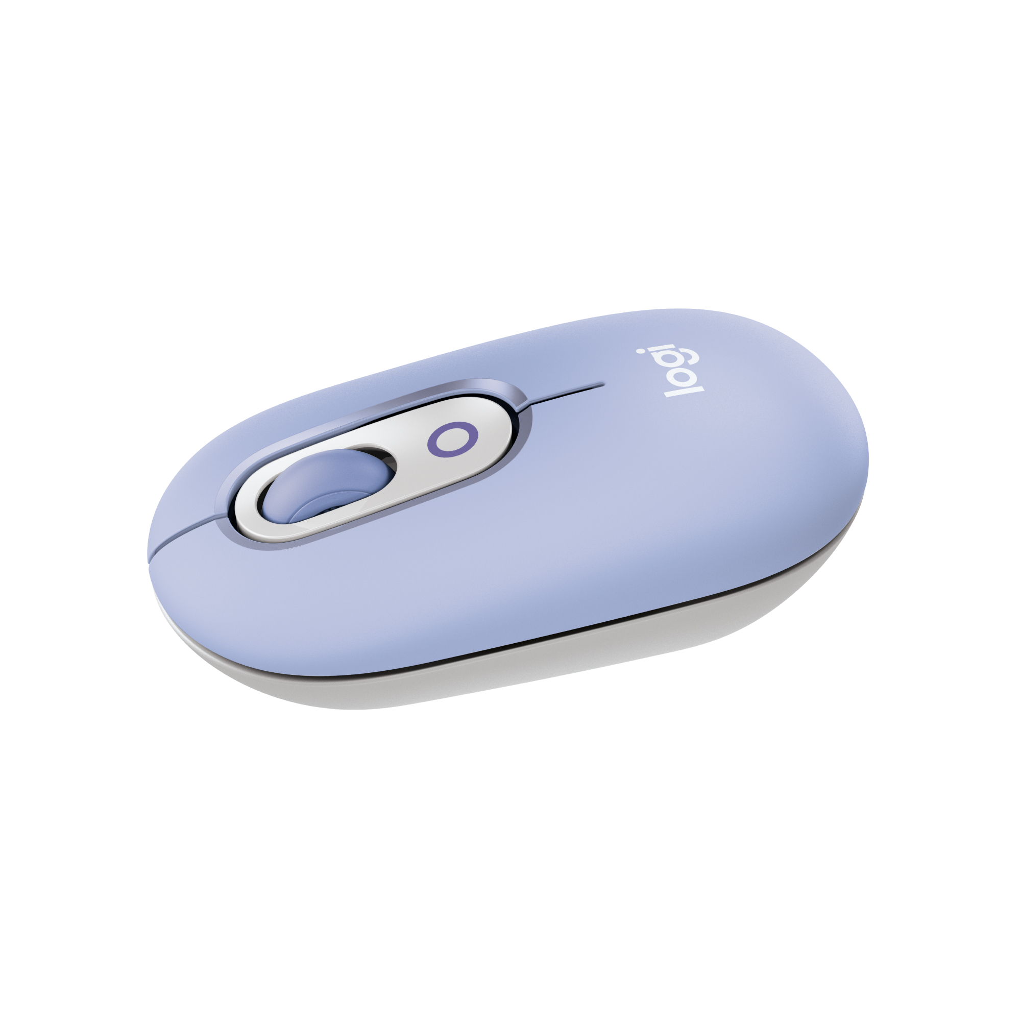 Lawendowa mysz Logitech z srebrnym kółkiem i fioletowym akcentem koła.