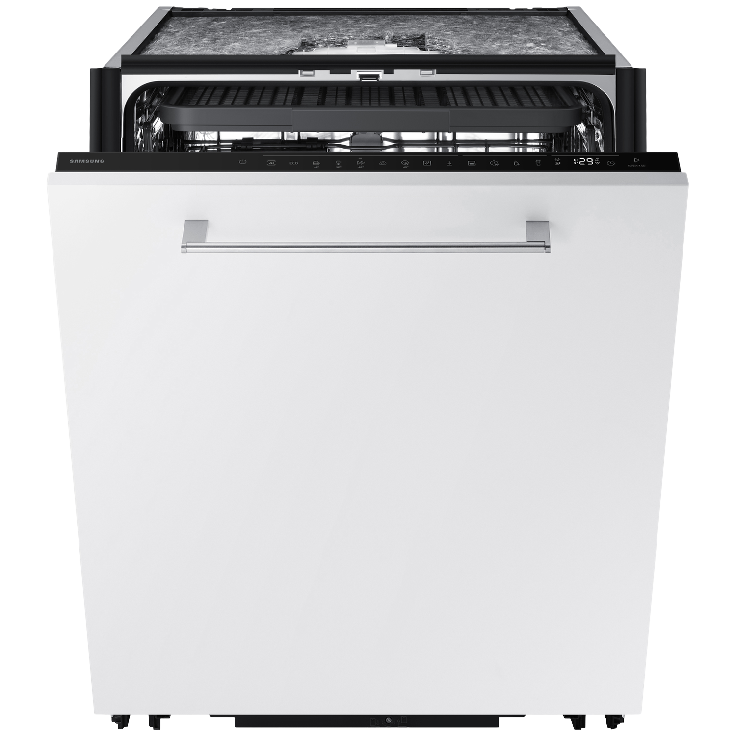 Open witte vaatwasser met zilveren handgreep en bedieningspaneel.