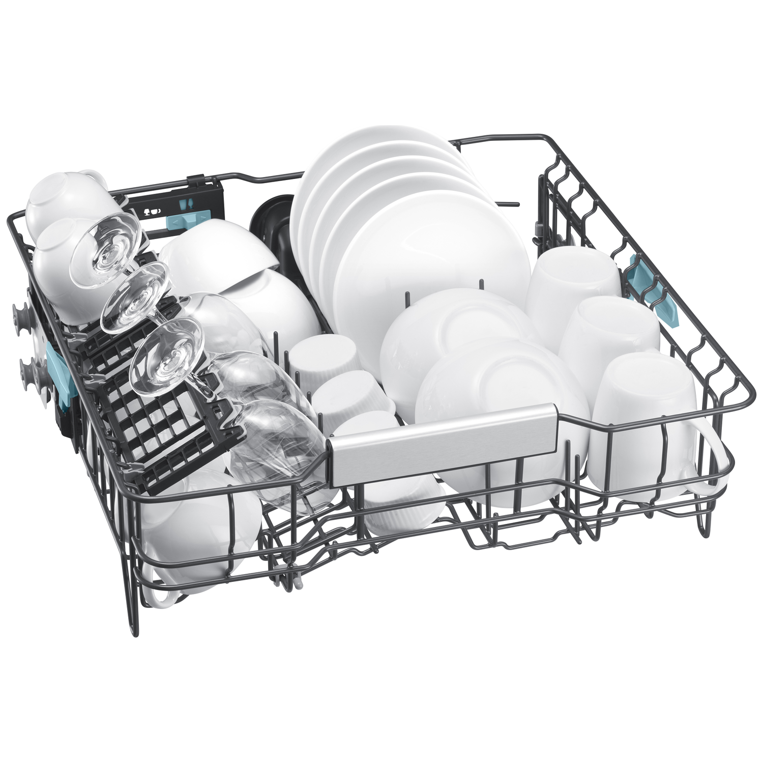 Vaatwasmand met witte borden, kopjes en glazen