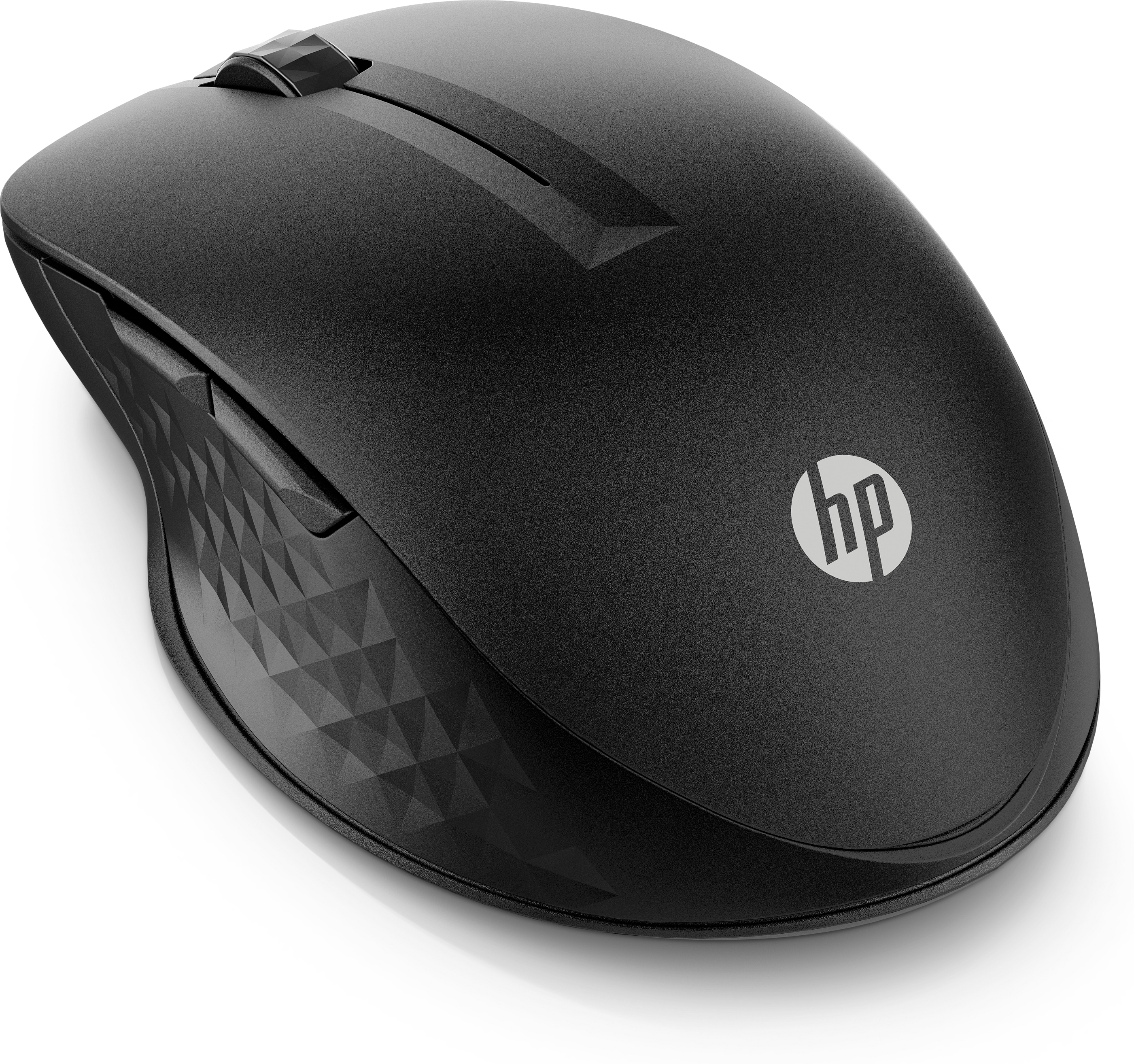 Czarna mysz komputerowa HP z kółkiem przewijania i teksturowanym uchwytem.