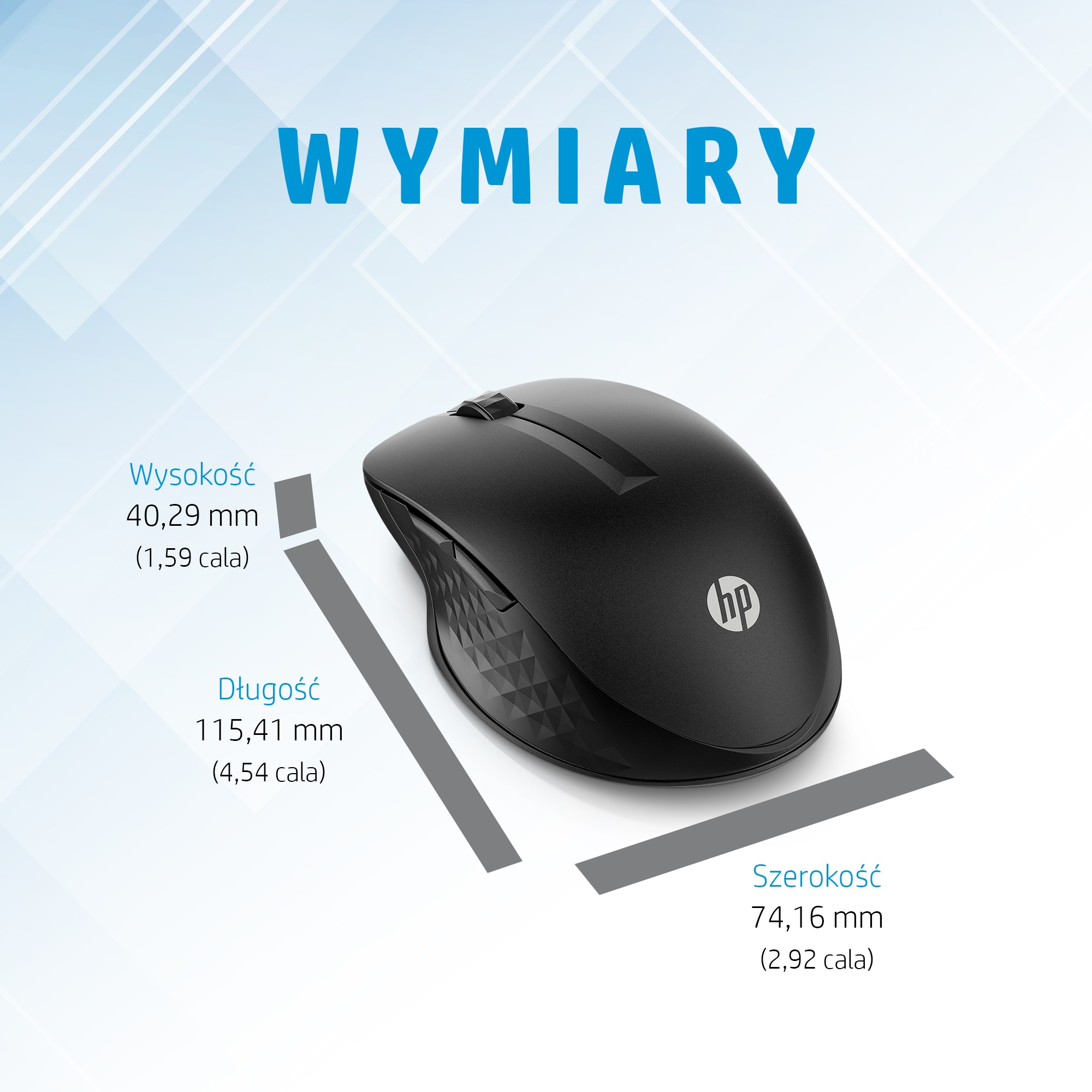 Czarna mysz HP z wymiarami: Wysokość 40,29 mm, Długość 115,41 mm, Szerokość 74,16 mm.