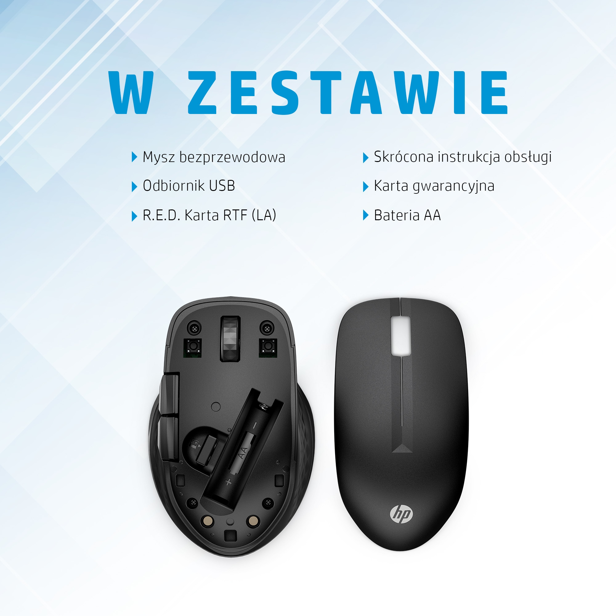 Zestaw czarnej myszy bezprzewodowej HP z odbiornikiem USB i baterią AA.