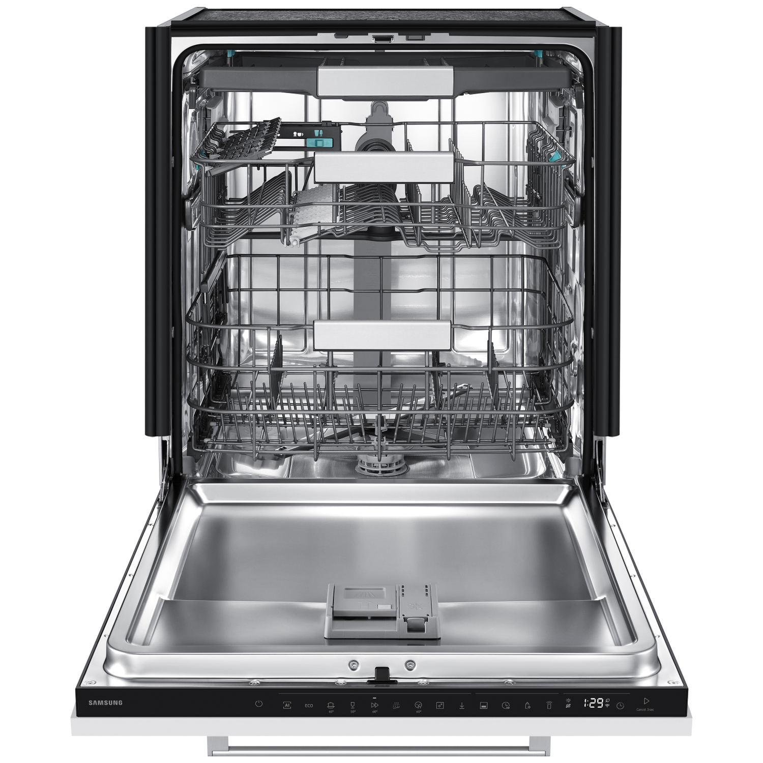 Open vaatwasser met twee rekken en bedieningspaneel. Metalen interieur.