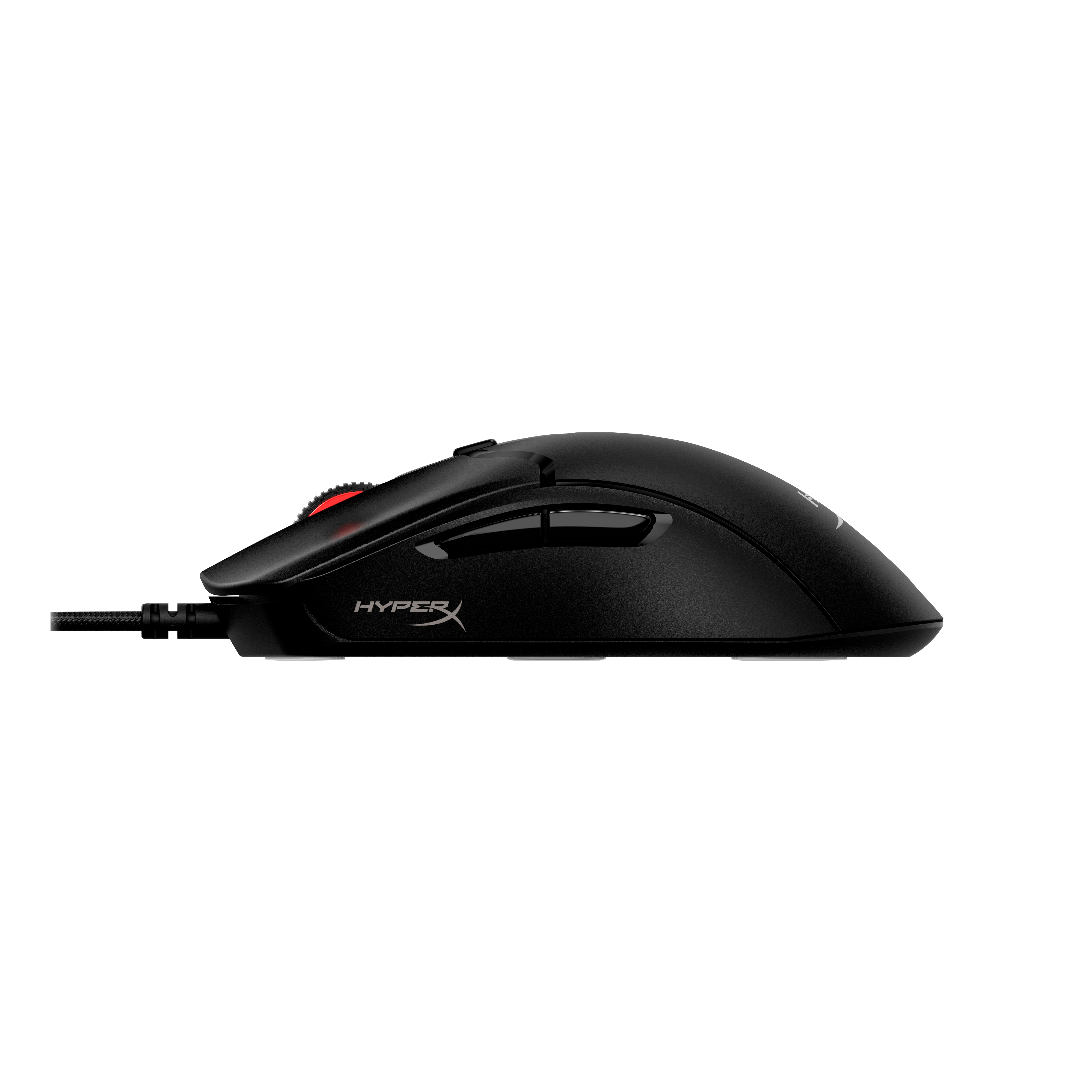 Czarna mysz gamingowa z czerwonym podświetleniem i logo HyperX.
