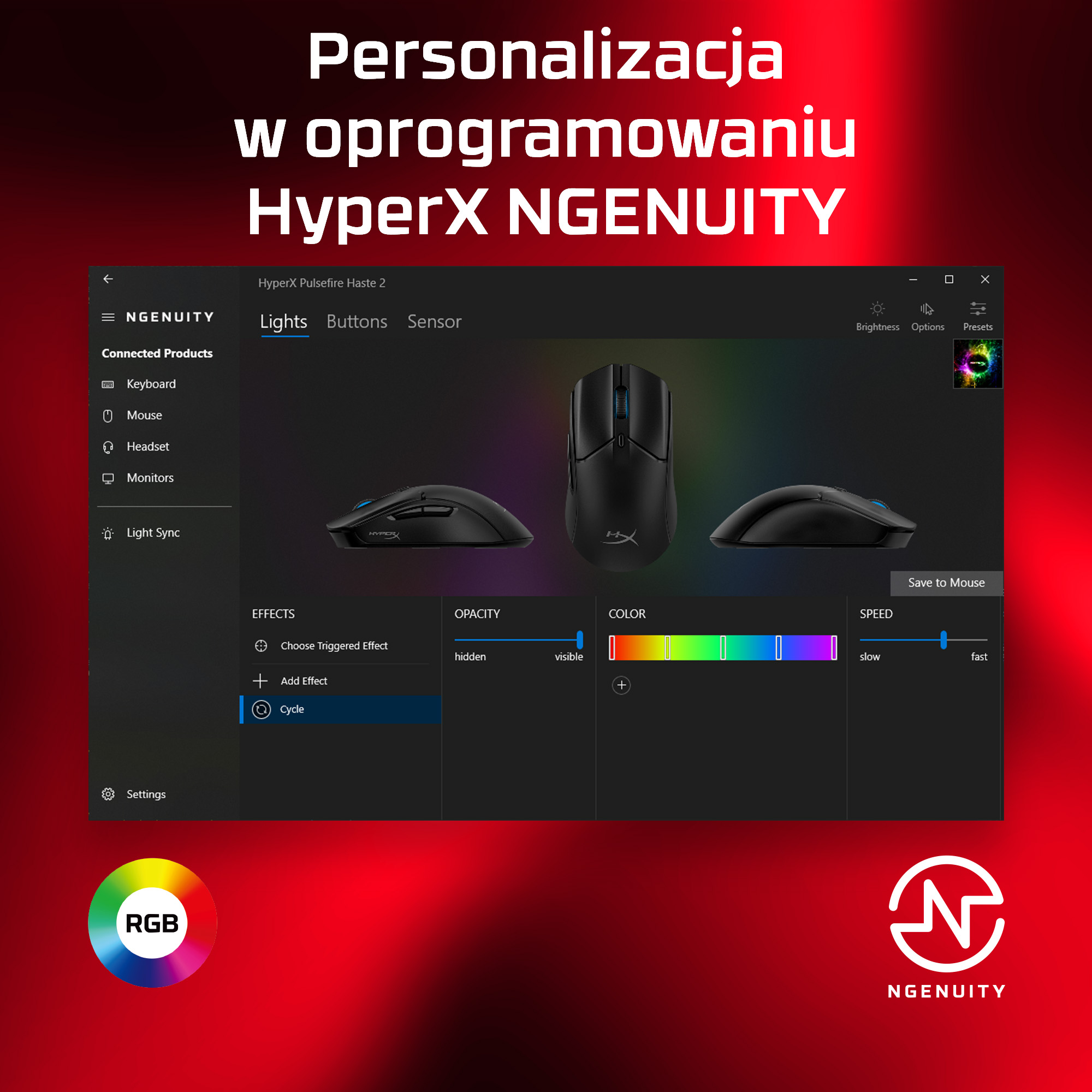 Oprogramowanie NGENUITY wyświetla ustawienia RGB dla myszy HyperX z kontrolkami koloru i prędkości.