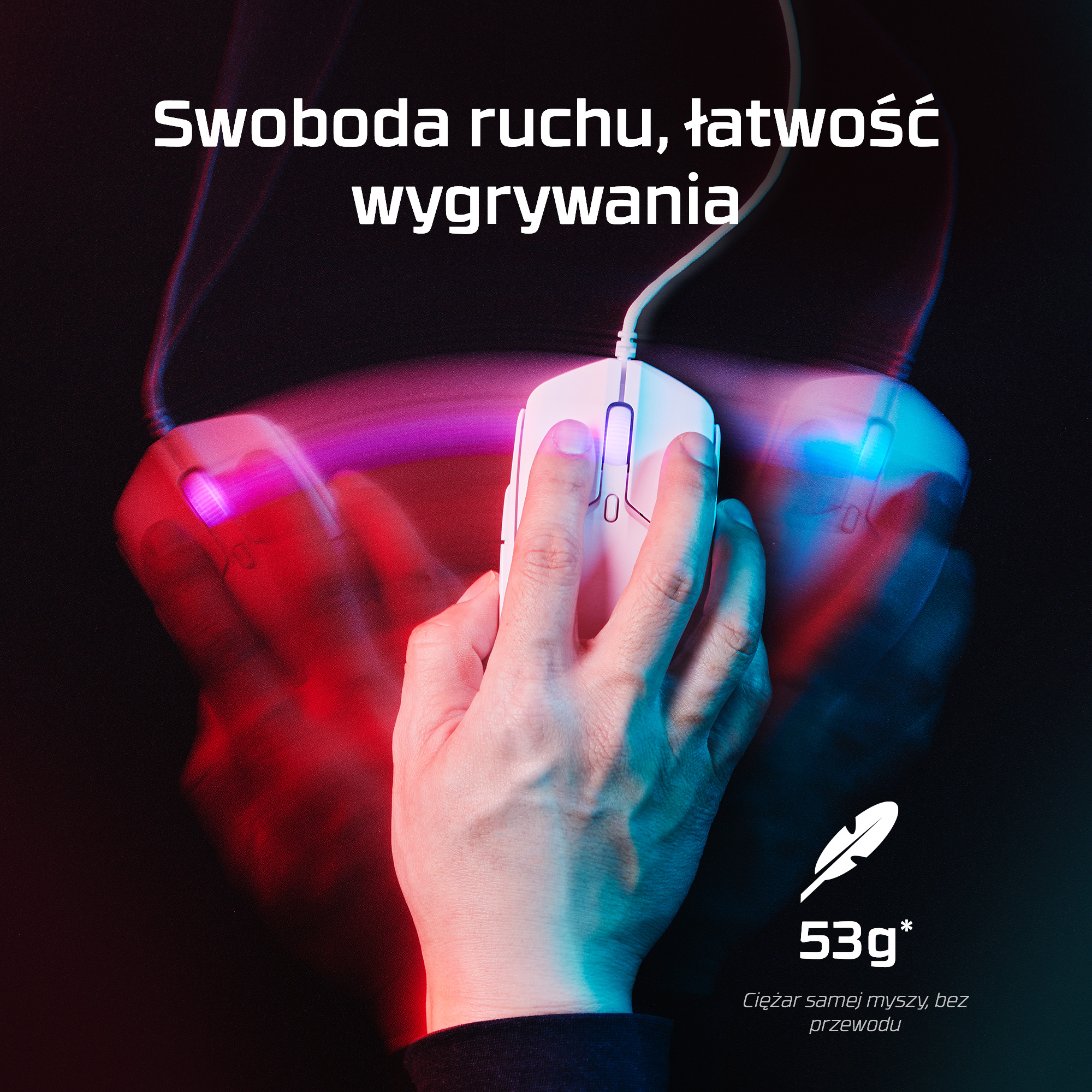 Dłoń używa białej myszy gamingowej z czerwonym i niebieskim podświetleniem. Waga 53g.