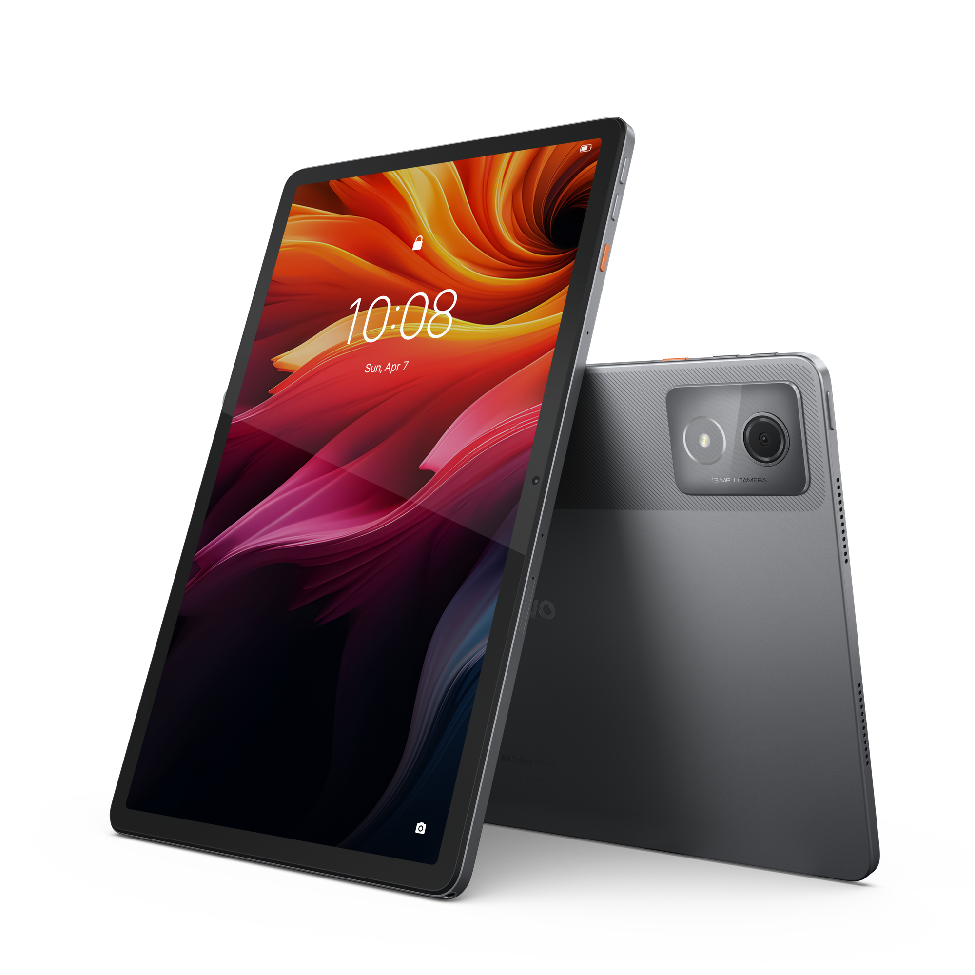 Szary tablet wyświetla kolorową tapetę i ma aparat 13 MP.