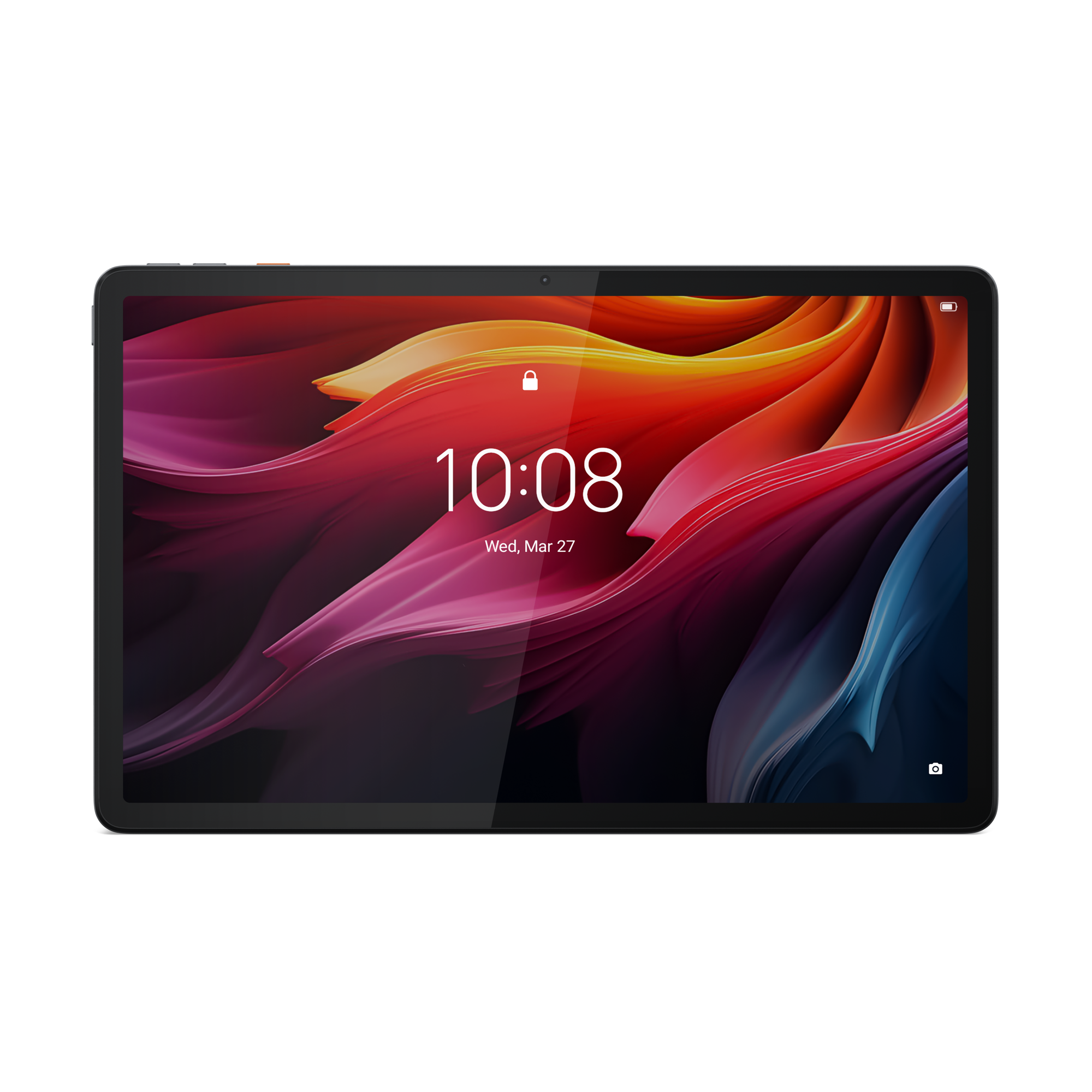 Tablet wyświetla kolorową, płynną tapetę. Pokazuje 10:08.