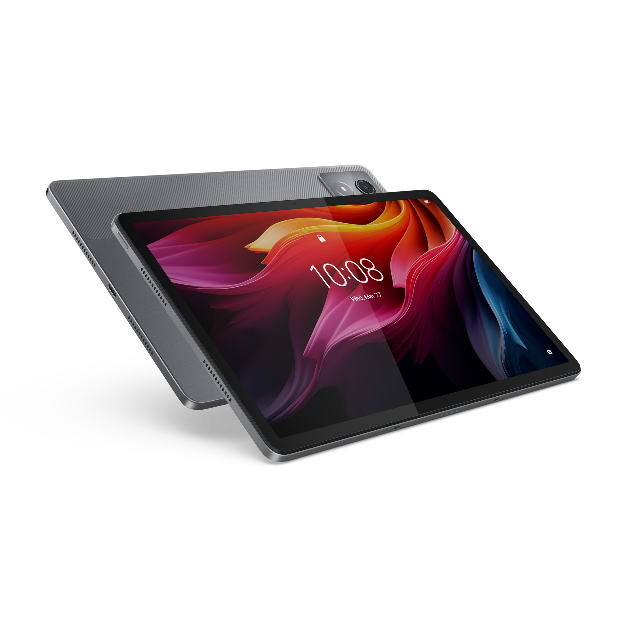 Szary tablet wyświetla kolorową tapetę z godziną 10:08.