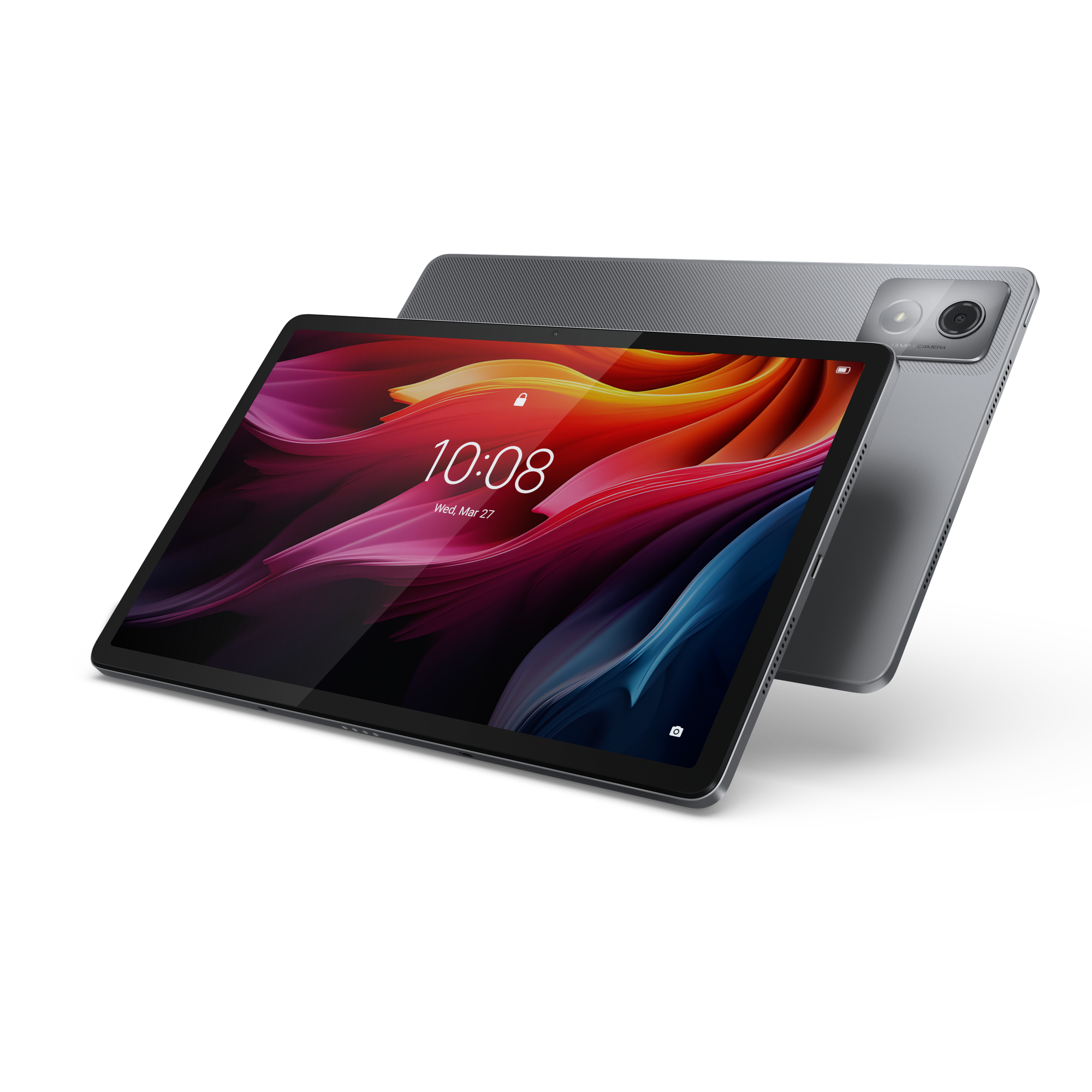 Szary tablet z kolorowym ekranem blokady i aparatem 13MP.