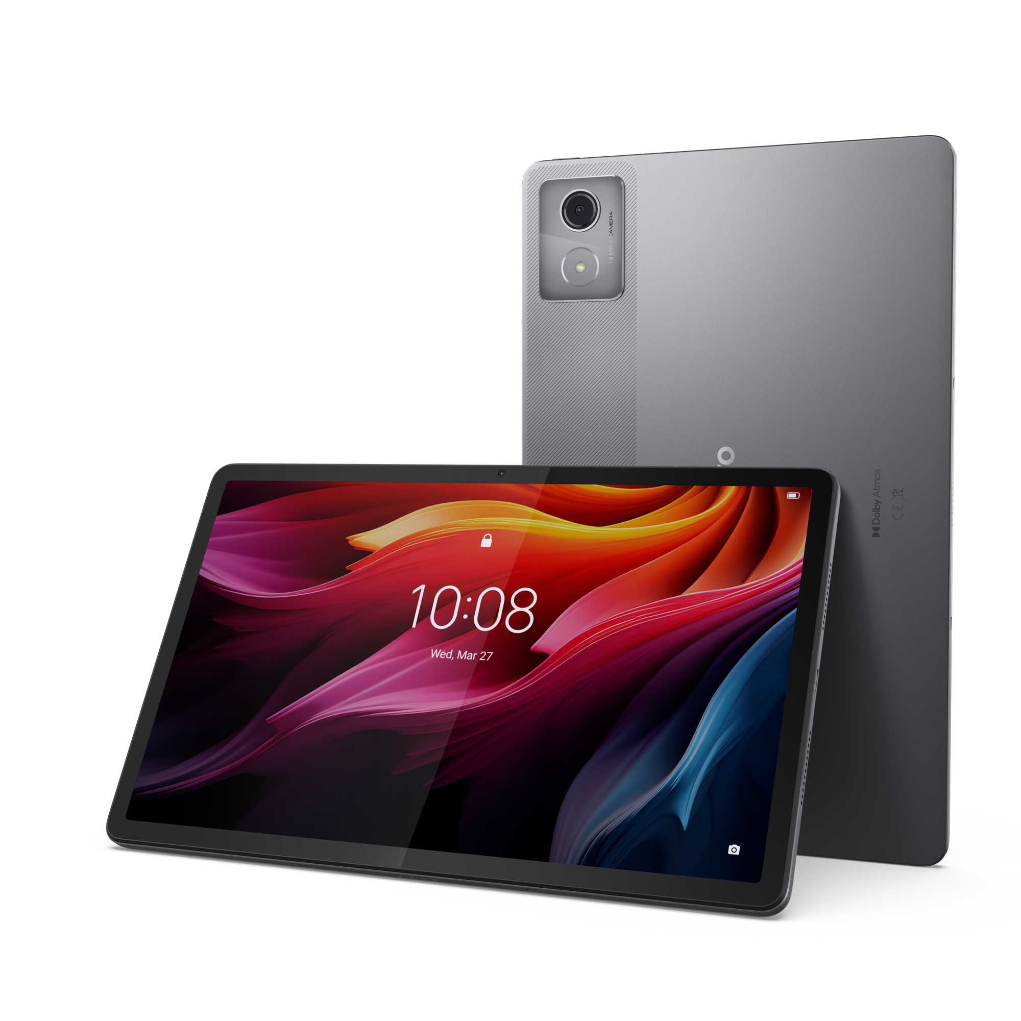 Srebrny tablet z kolorową tapetą i tylnym aparatem, na czarnym tle.