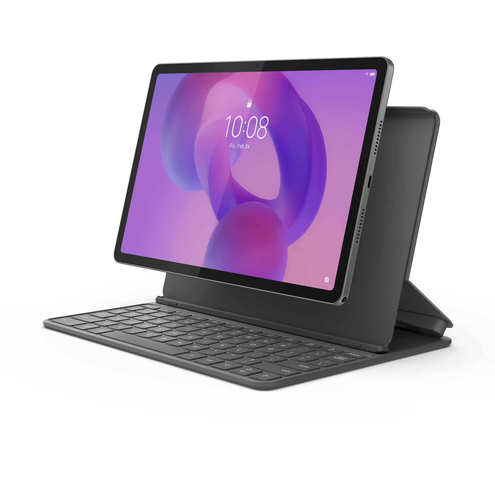 Szary tablet z klawiaturą i podstawką. Na ekranie widnieje 10:08.
