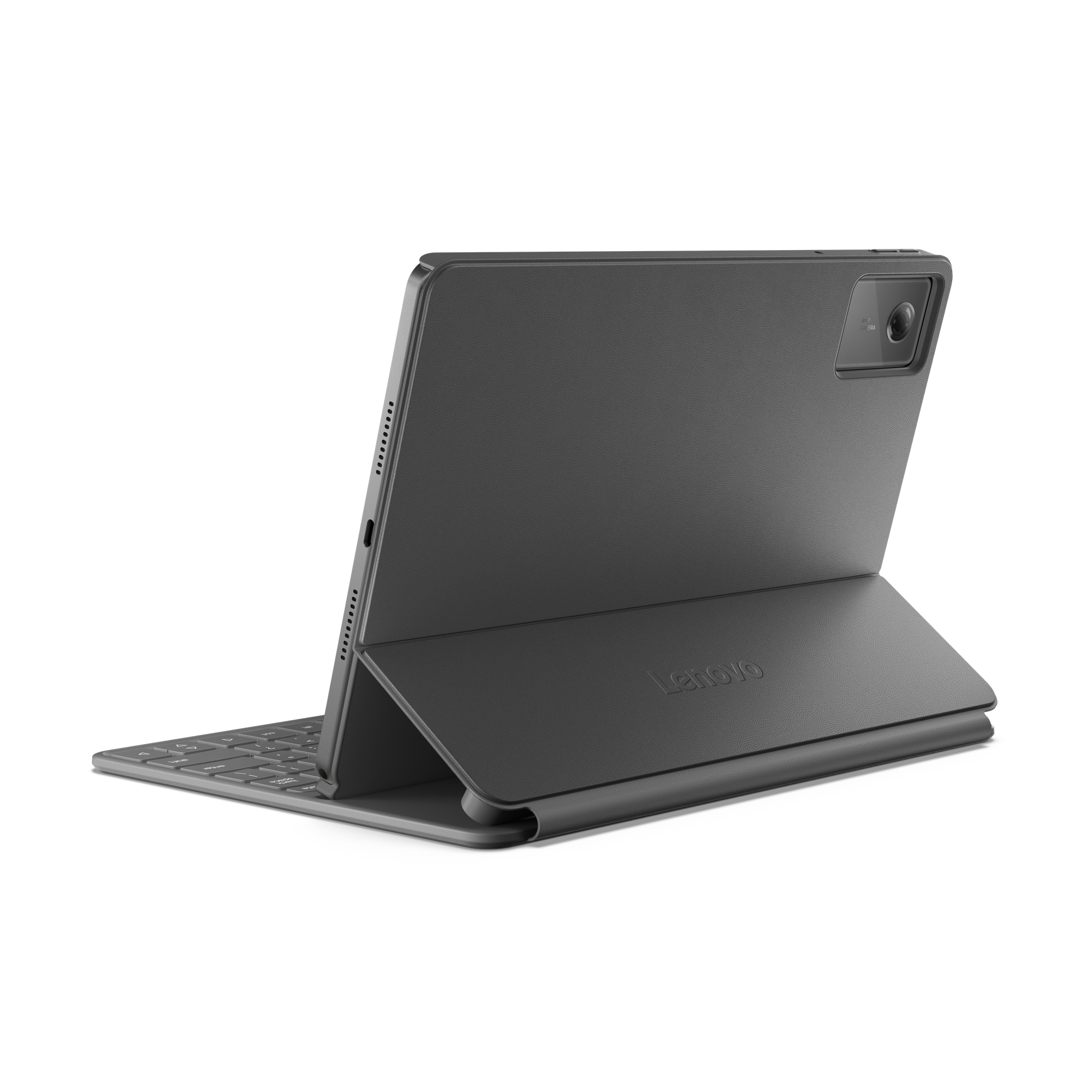 Szary tablet z etui klawiaturą, czarne tło.