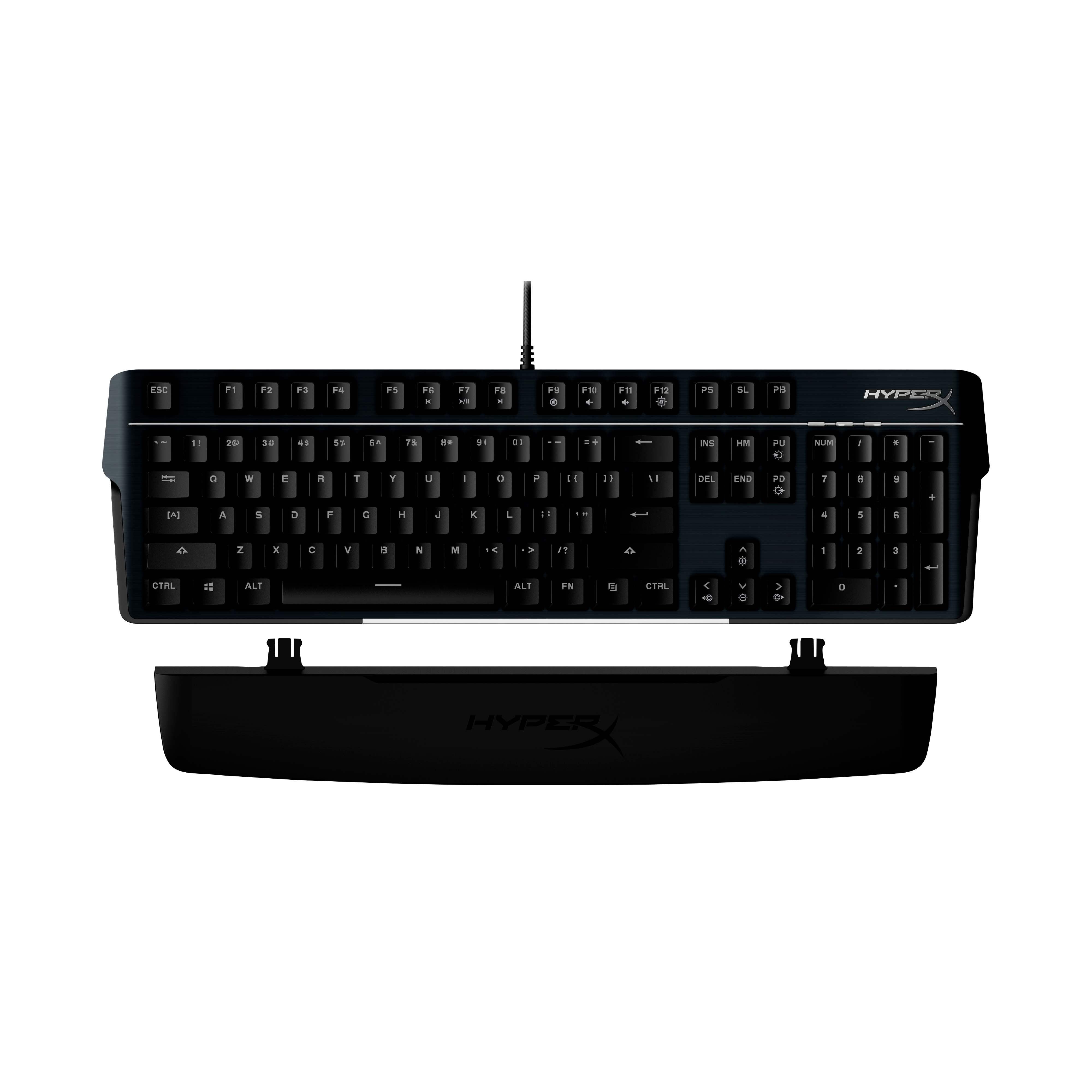 Czarna klawiatura gamingowa HyperX z podkładką pod nadgarstki na czarnym tle.