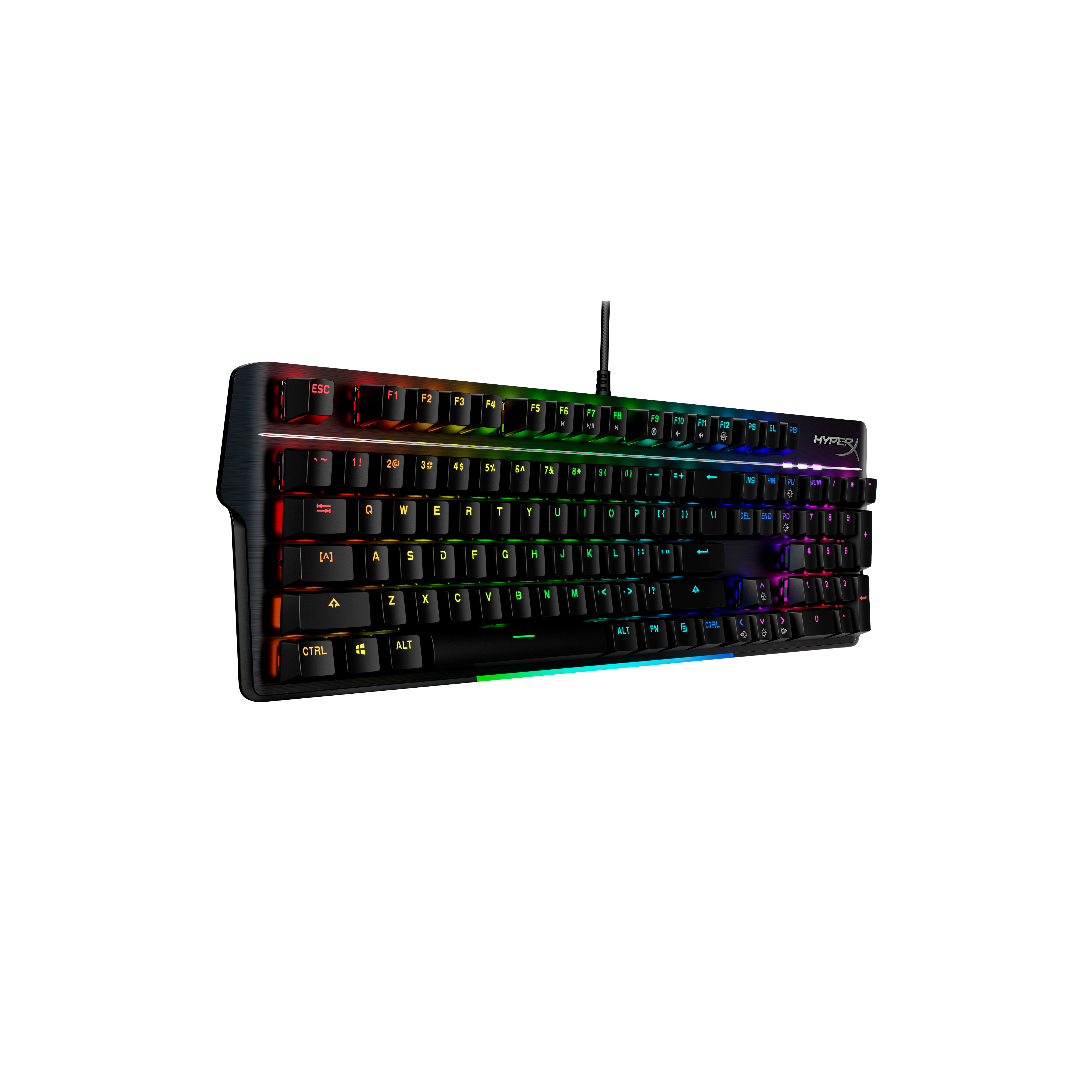 Czarna klawiatura z podświetleniem RGB na czarnym tle.