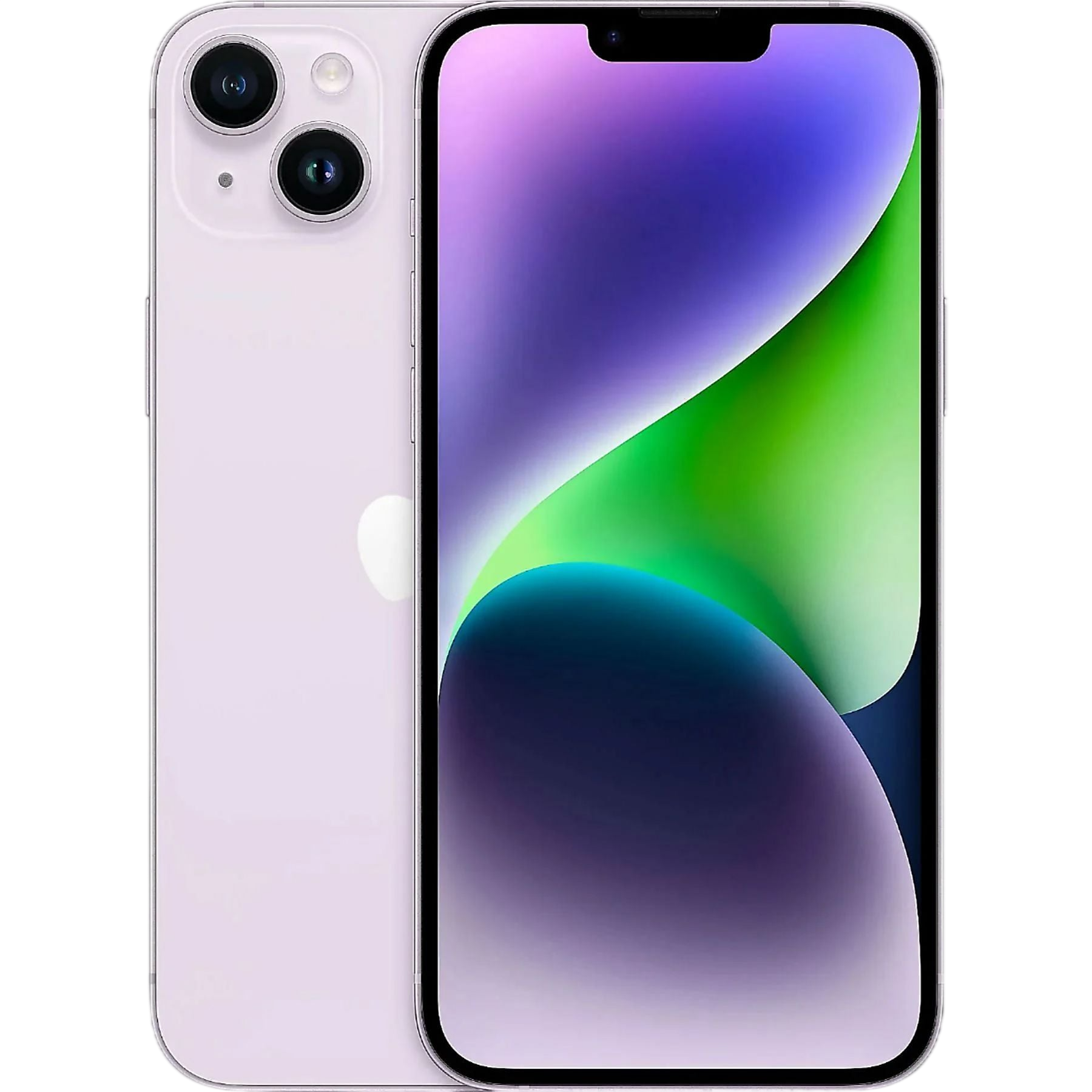 Arkada çift kamerası ve ekranı olan açık mor bir iPhone.