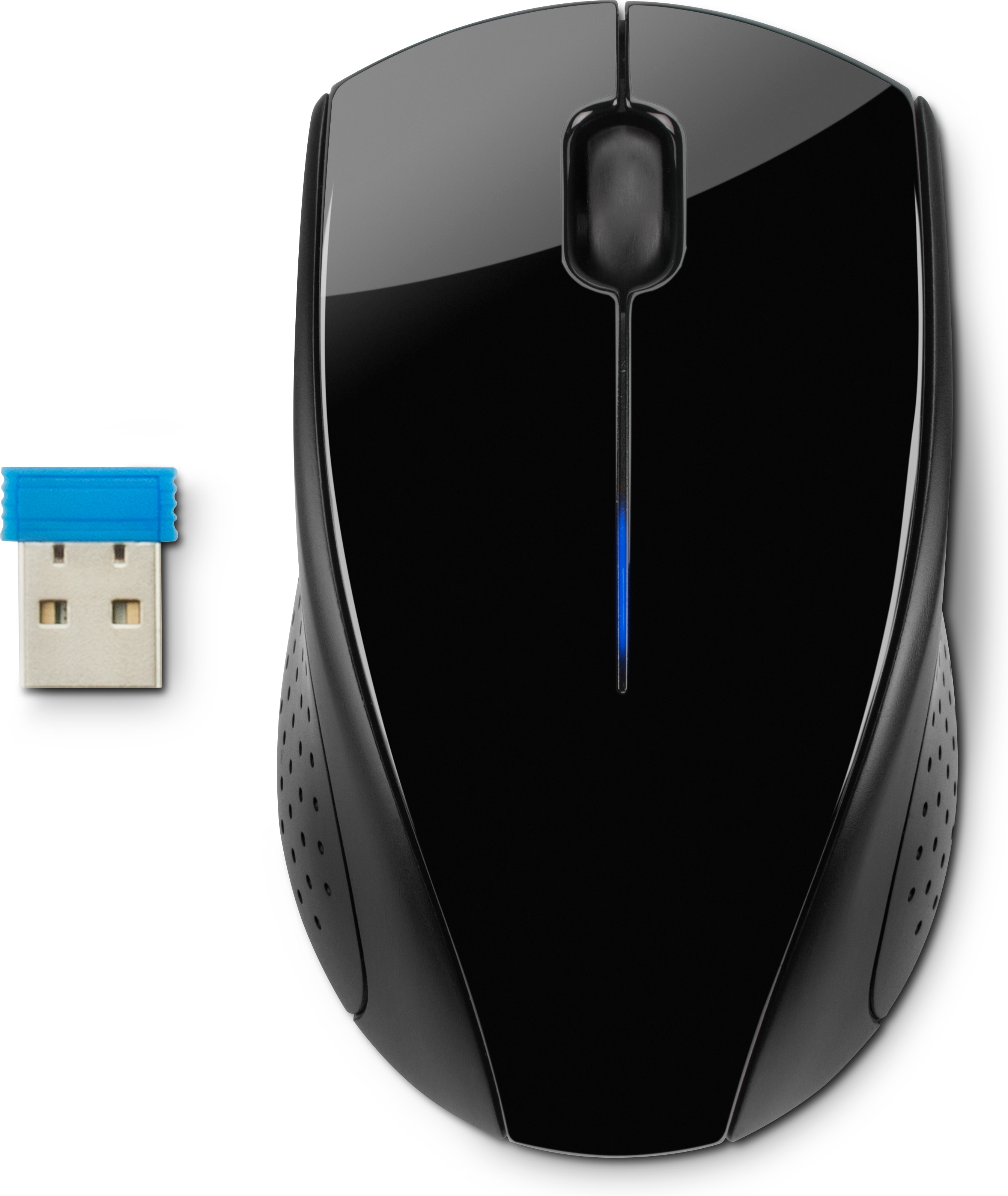 Czarna mysz komputerowa z niebieskim światłem i kluczem USB na białym tle.