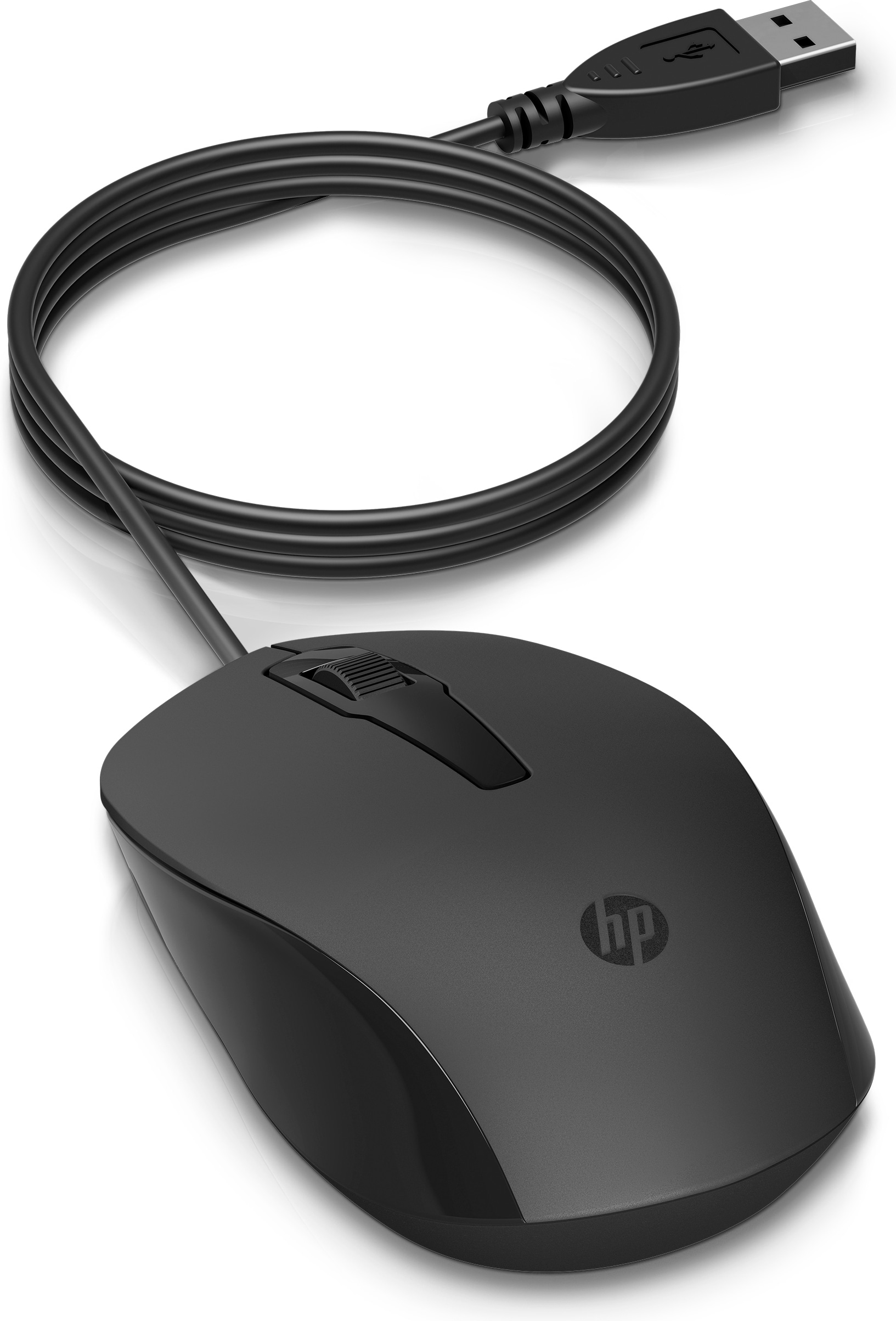 Czarna mysz komputerowa HP z kablem USB, na białym tle.