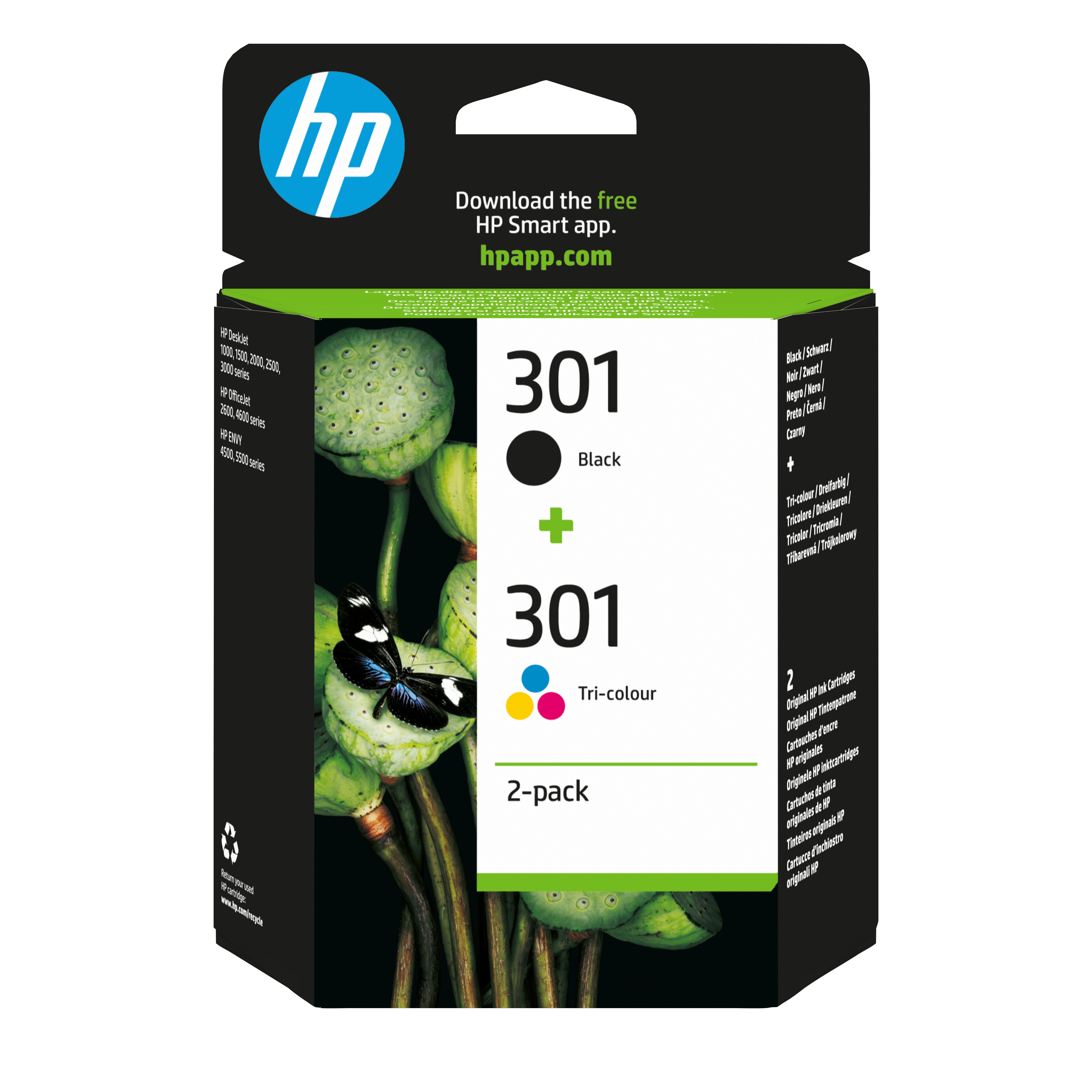 Tusze HP 301: Czarny i kolorowy w opakowaniu 2-pak.