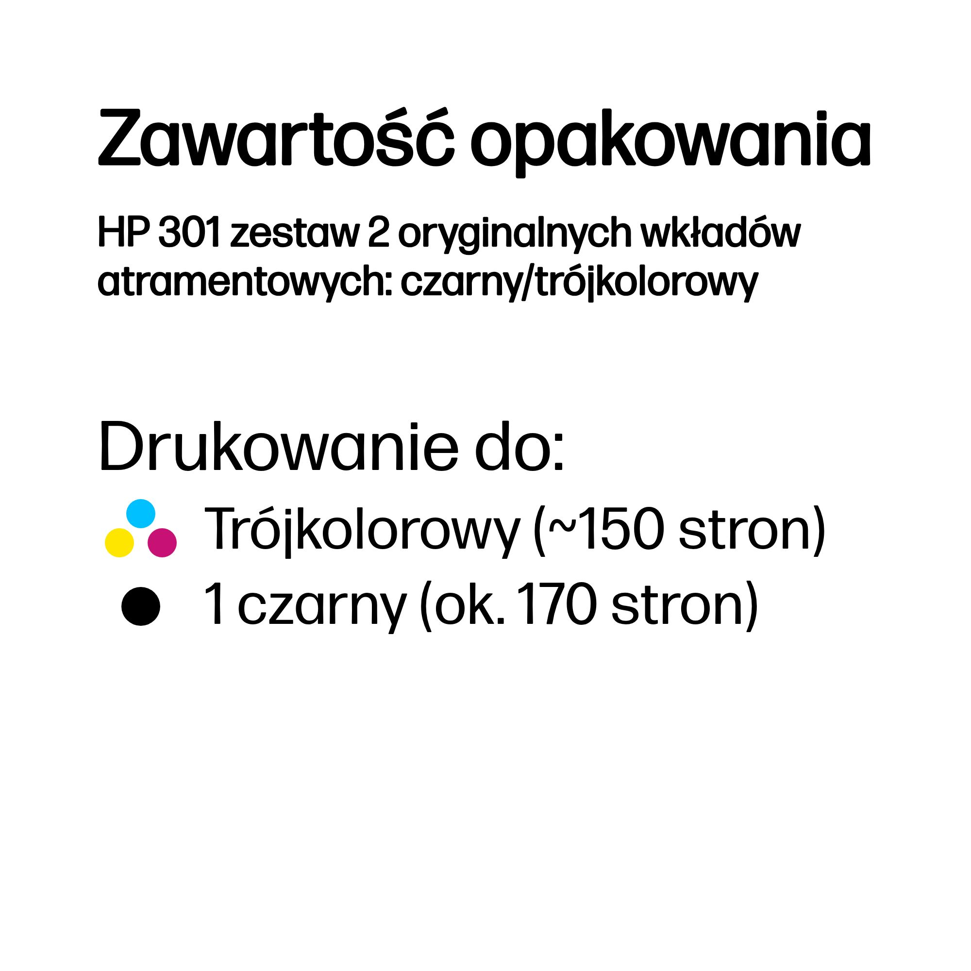 Zawartość opakowania: HP 301 Set 2 wkłady: czarny/trójkolorowy. Drukowanie do: 150 stron trójkolorowy, 170 stron czarny.